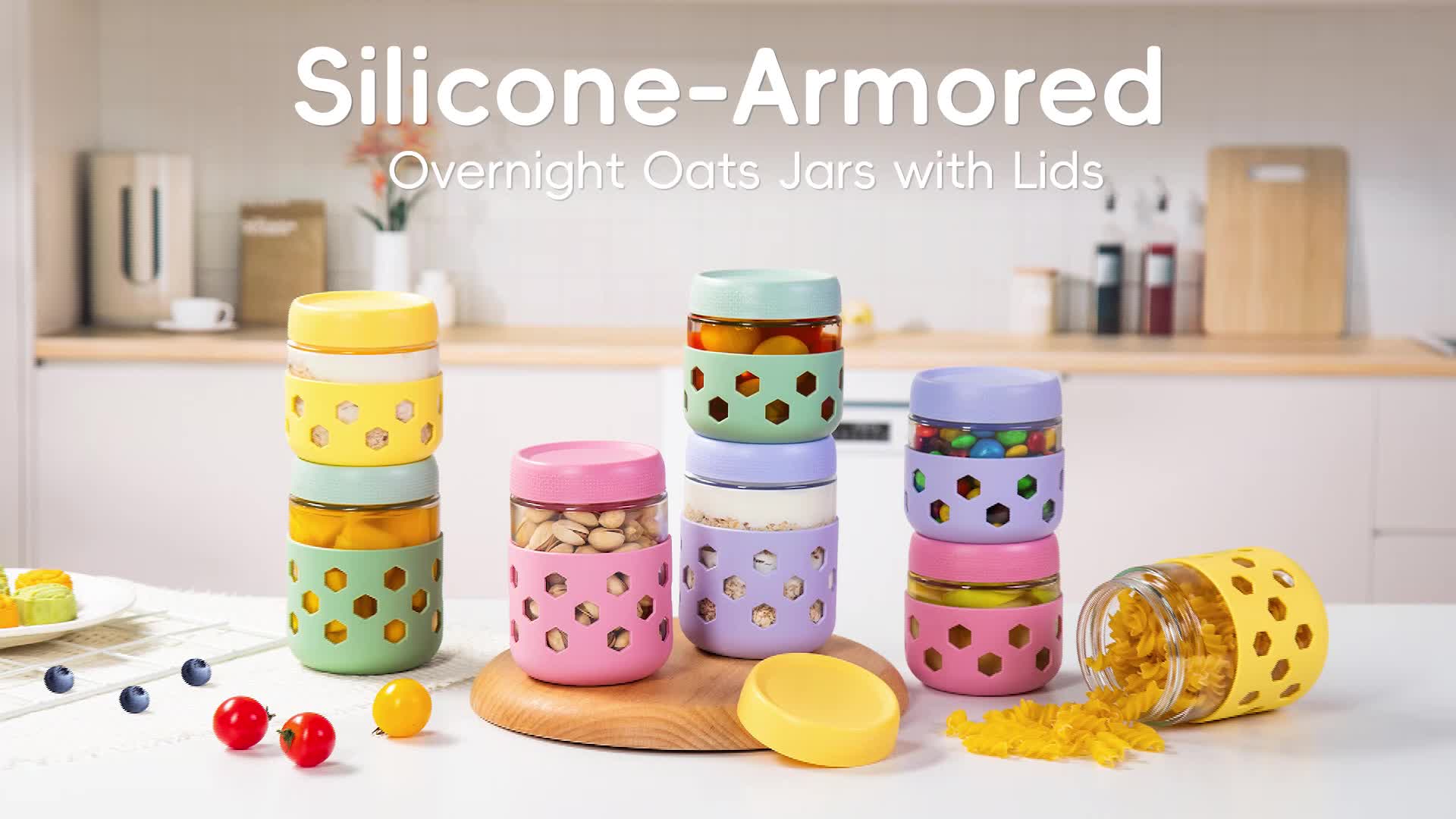 thumbnail video image 2 of Micebay 6-Pack 16 oz Overnight Oats Containers with Lids and Silicone Sleeves, Glass Mason Jars with Airtight Lid, Dishwasher Safe, Meal Prep Jar, 2 of 12