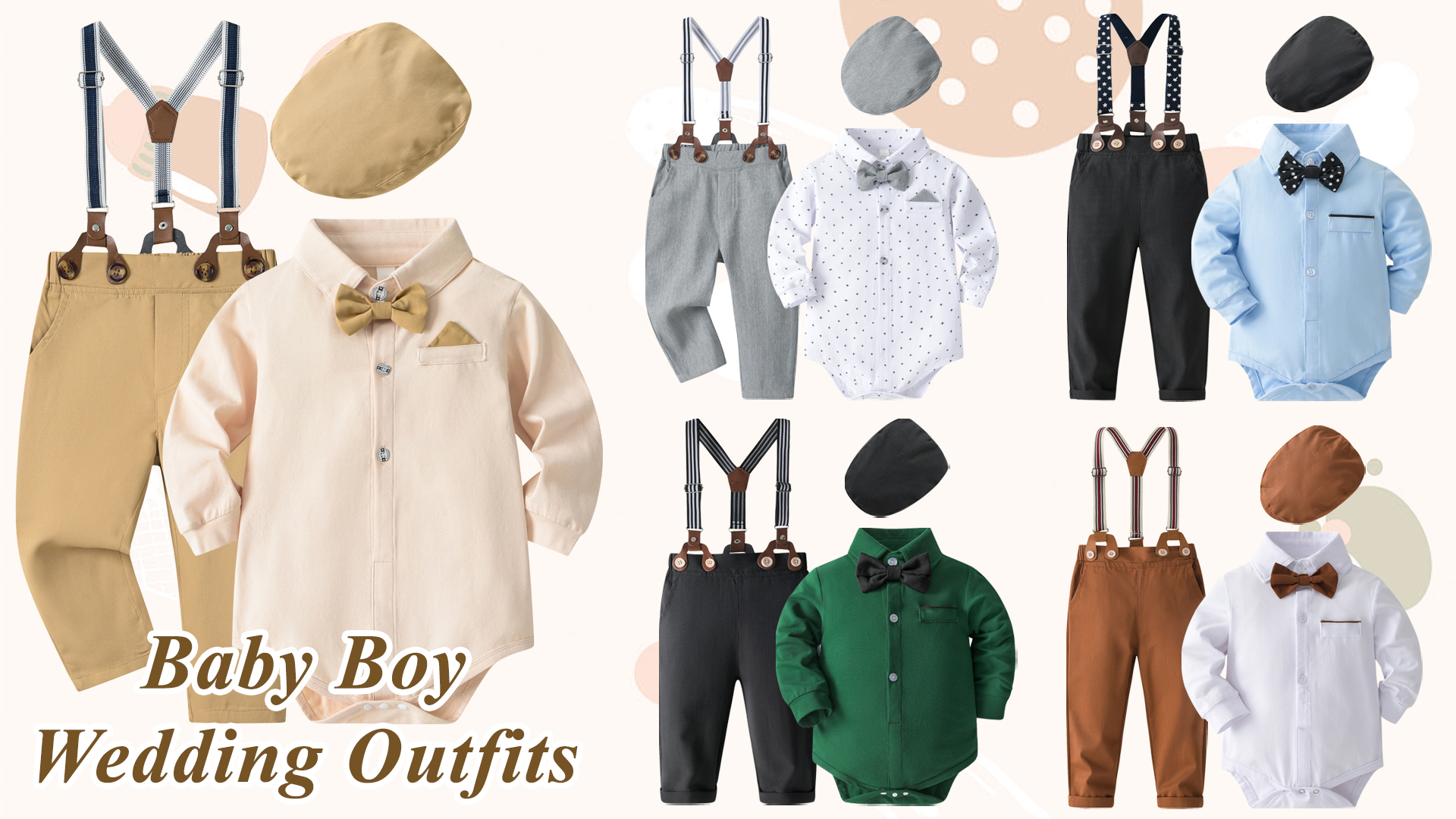 thumbnail video image 2 of Happy Cherry Baby Boy Wedding Outfits Infant Dress Clothes Toddler Gentleman Suit set Newborn Formal Wear Long Sleeve Shirt/Bowtie/Beret/Suspender Pant 18-24 Months, 2 of 7