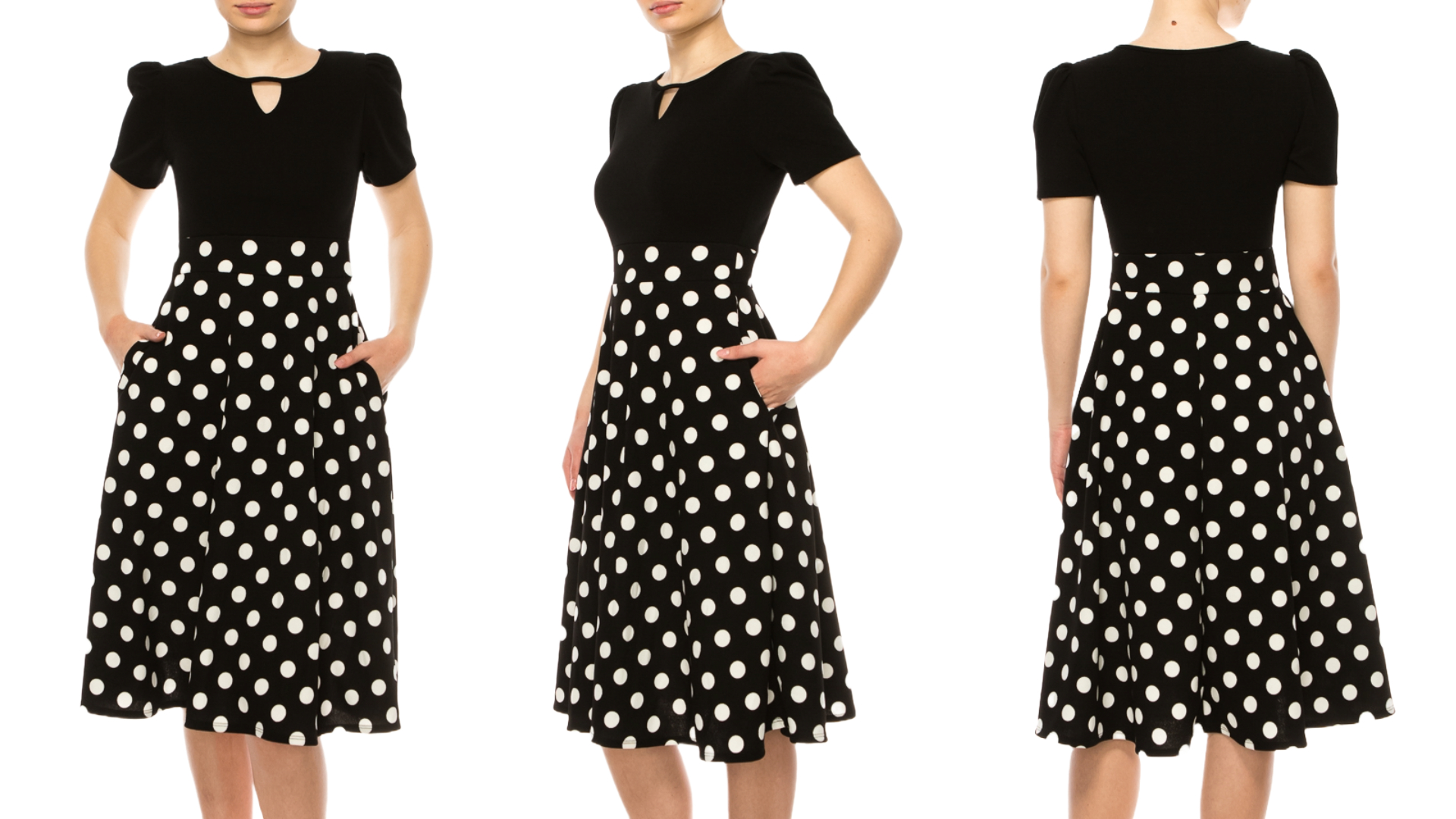 thumbnail video image 2 of Moa Collection Women's A-Line Dress Puff Sleeves and Keyhole Front Casual Chic with Side Pock, 2 of 6