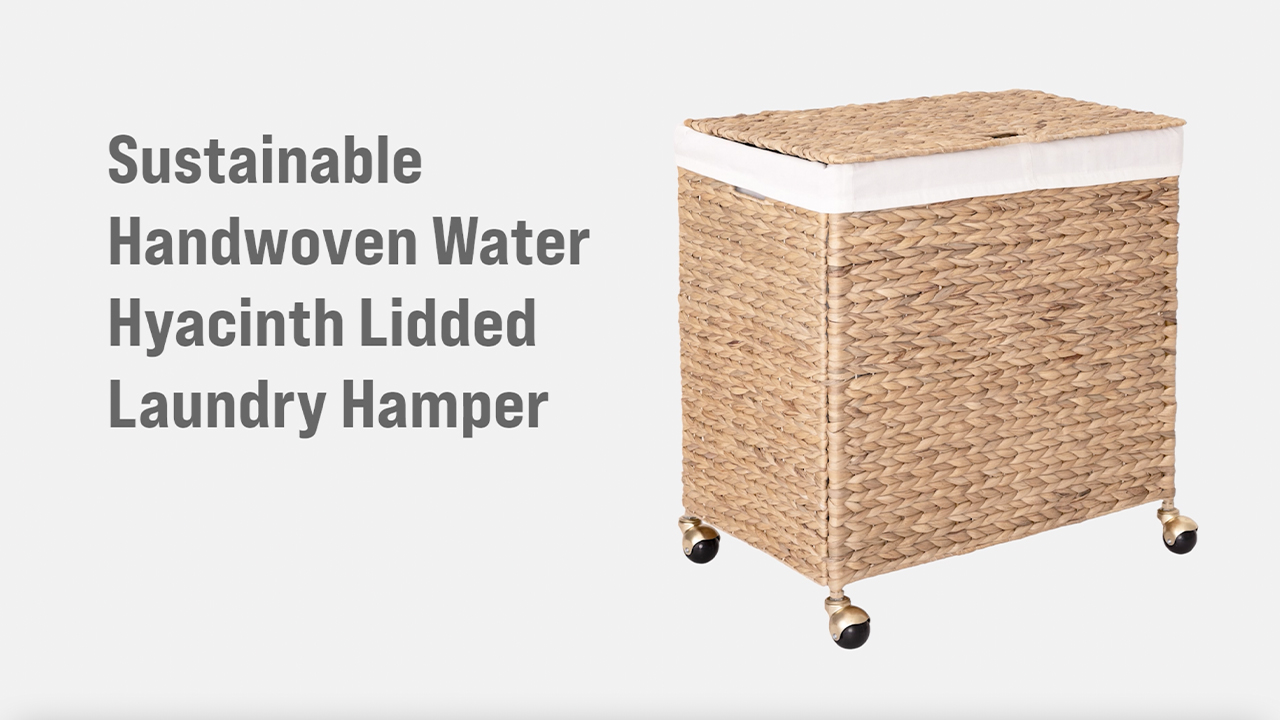 thumbnail video image 2 of Seville Classics Sustainable Handwoven Lidded Rolling Laundry Hamper with Gold Casters, Natural Water Hyacinth, 2 of 10