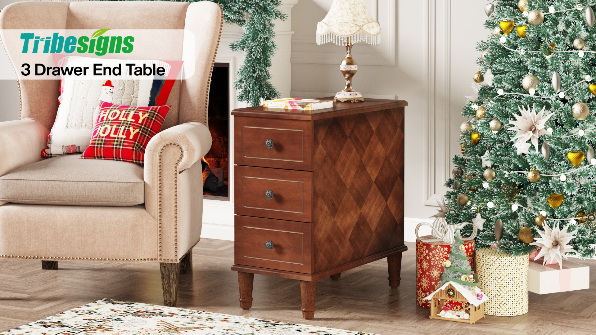 thumbnail video image 2 of Tribesigns Narrow Side Table with Drawers, Solid Wood End Table with 3 Drawers, Fully Assembled Nightstand Slim Bedside Table for Small Spaces, Living Room, Bedroom, Wood Color (Set of 2), 2 of 8