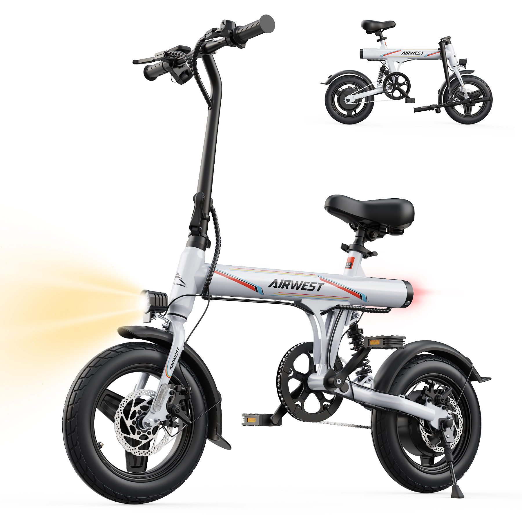 thumbnail video image 2 of AIRWEST 36V 350W Adult Electric Bike, 14" Foldable Electric Bicycle, 20MPH, 19-22mi Range, Dual Disc Brakes, Adjustable Seat, Mini Commuter City Ebike for Man & Woman, UL2849, 2 of 8