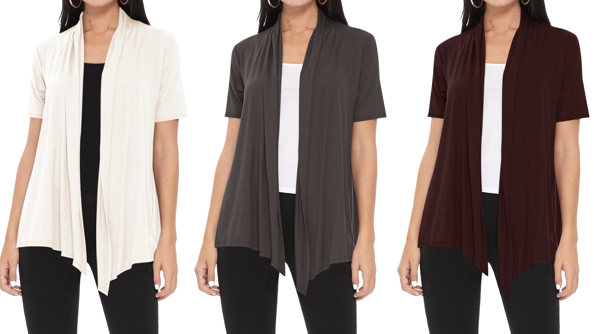 thumbnail video image 2 of Women's Short Sleeve Open Front Cardigan Solid Draped Casual Design, 2 of 6
