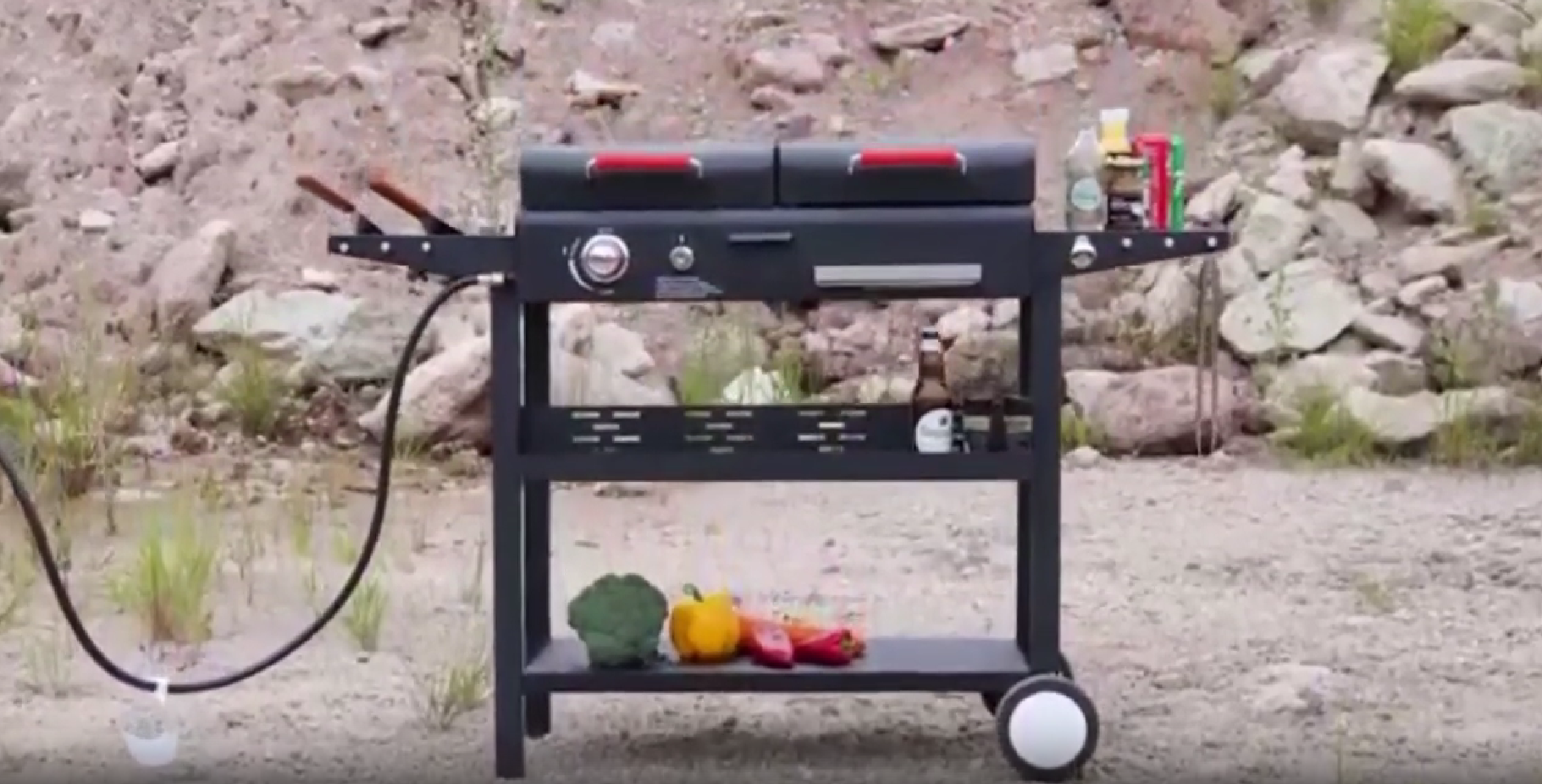thumbnail video image 2 of Frizi Charcoal and Gas Grill Combo with Black Dual Lids, Dual Fuel Propane Gas Grill with 2 Side Shelves for Outdoor Backyard Barbecue Cooking, 2 of 8