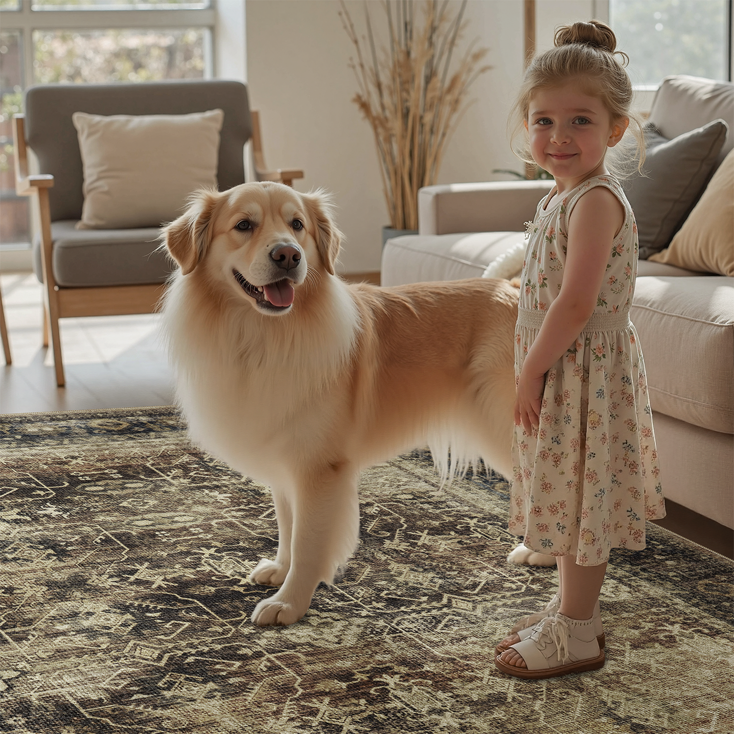 thumbnail video image 2 of 4x6 Washable Rug, Non-Slip, Stain-Resistant Rustic Farmhouse Low Pile Carpet for Dining Room, Living Room, Bedroom -Brown, 2 of 9