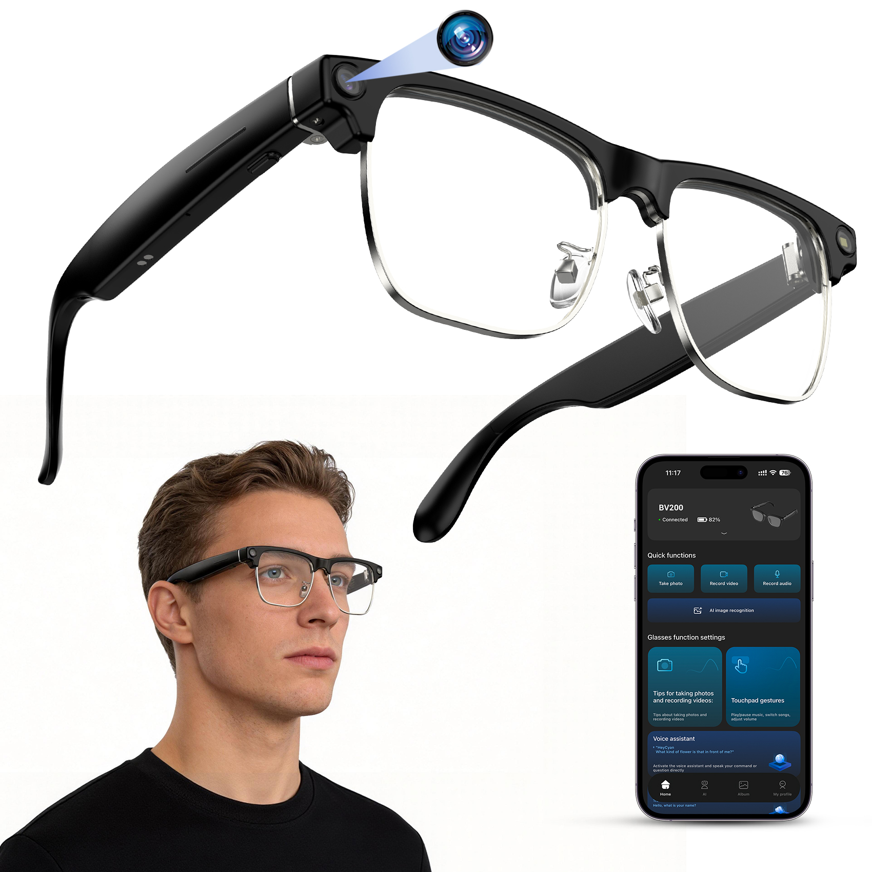 thumbnail video image 2 of IOWODO AI Smart Glasses with Camera, 8MP HD Photo & 1200P Video Recording, Photochromic Glasses with AI Translation, Bluetooth Calls, WiFi, Black, 2 of 15
