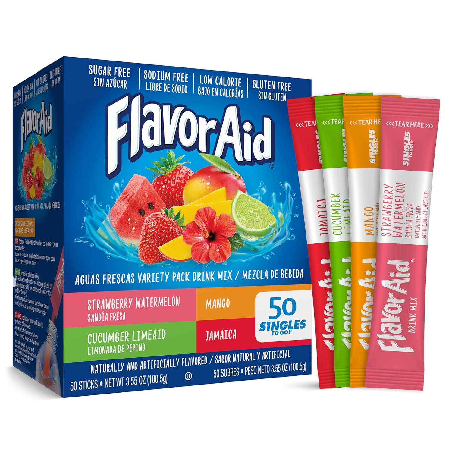 thumbnail video image 2 of Flavor Aid Aguas Frescas Singles To Go Powdered Drink Mix Variety Pack, Strawberry Watermelon, Mango, Cucumber Limeaid, Jamaica, Sugar-Free, 50 Count Packets, 2 of 8