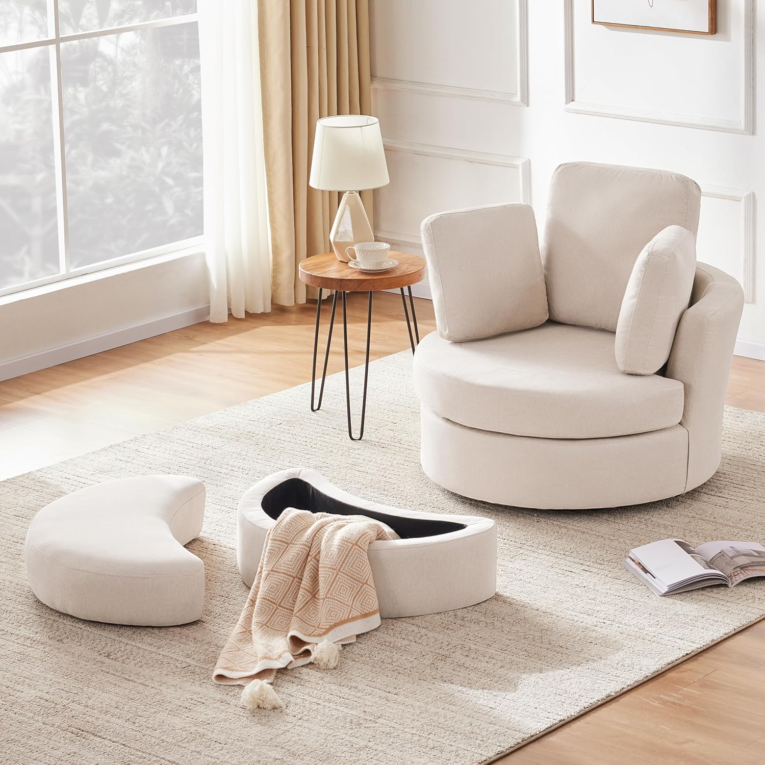 thumbnail video image 2 of Home Swivel Accent Barrel Chairs with Removable Headrest, Chaise Lounge Indoor with Neck Support Pillow, Light Grey, 2 of 8