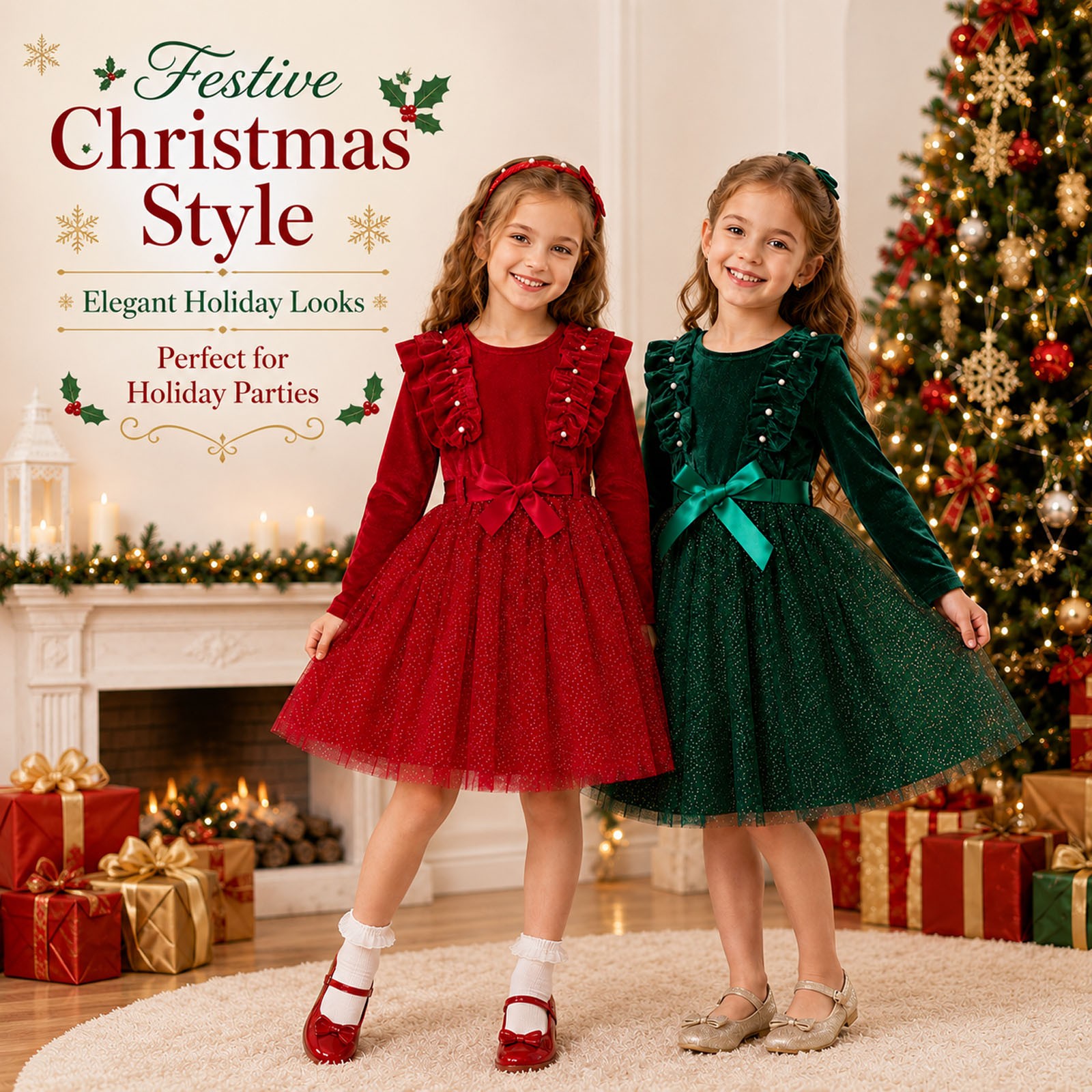 thumbnail video image 2 of Girls Velvet Christmas Party Dress, Pearl Tutu Gown for Little Girls Winter Holiday, 2 of 10