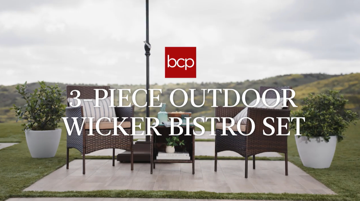thumbnail video image 2 of Best Choice Products 3-Piece Outdoor Wicker Conversation Patio Bistro Set, w/ 2 Chairs, Table - Brown/Dark Rust, 2 of 9