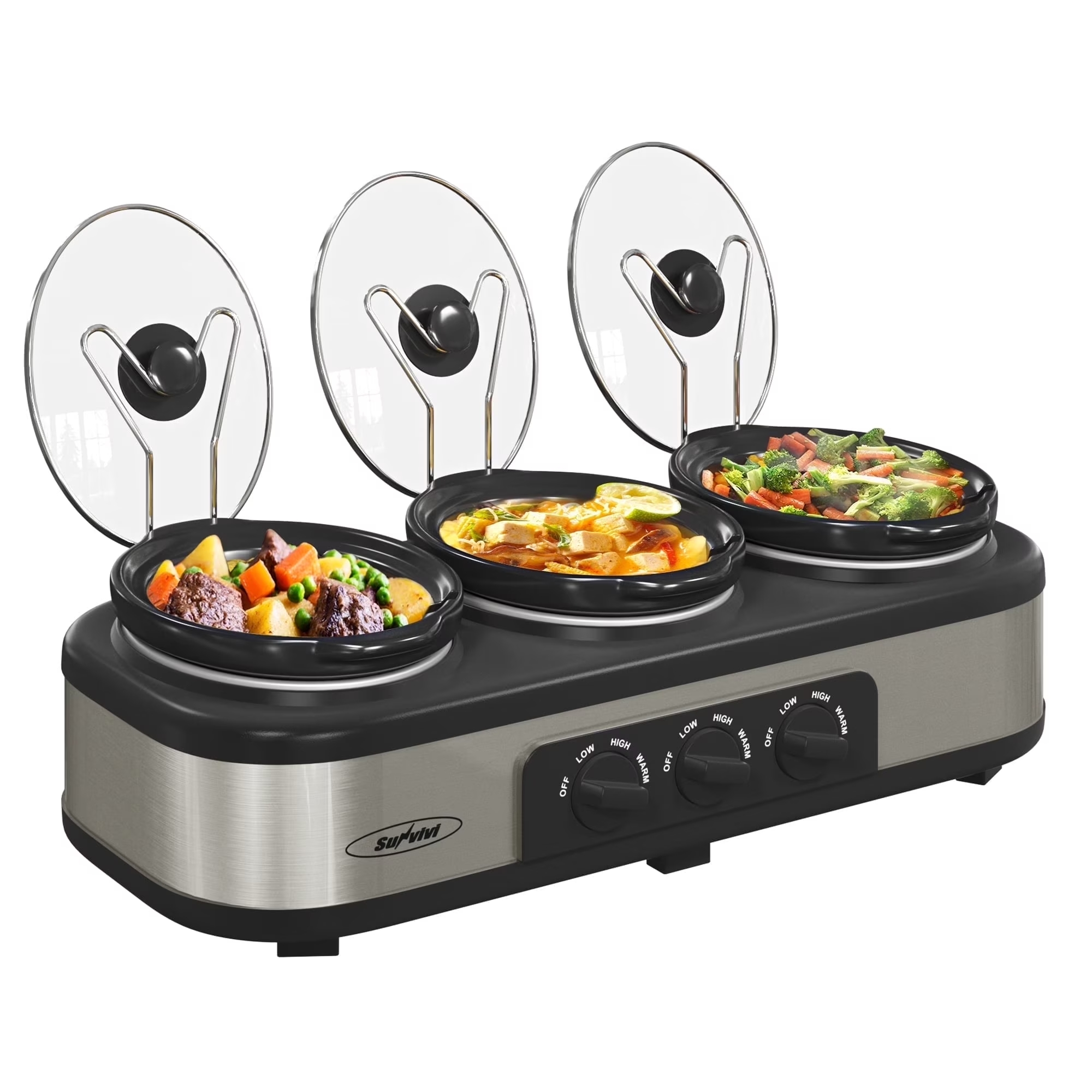 thumbnail video image 2 of 3 Pot Slow Cooker Set, Triple Slow Cooker with 3×1.5QT Removable Ceramic Crocks, 4.5QT Total, Adjustable Temperature for Family Dinner & Party,SL, 2 of 7