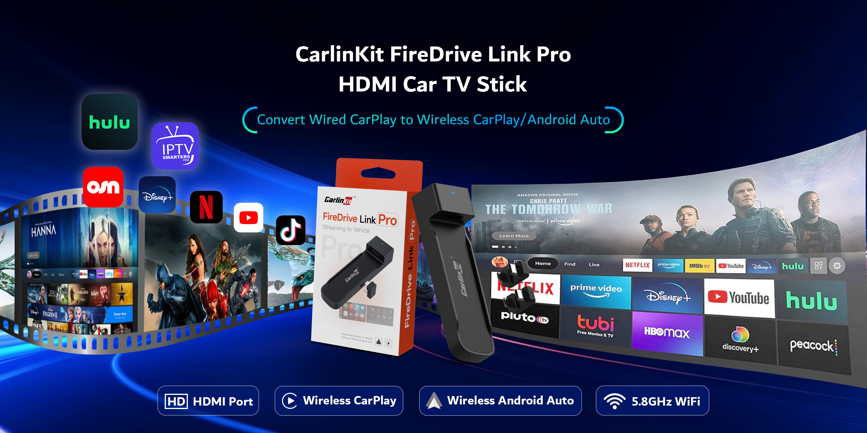 thumbnail video image 2 of (Upgrade Version)CarlinKit Car TV Mate PRO, 3-in-1 HDMI Input for Fi-re TV Stick in Car, Convert Wired CarPlay to Wireless CP&Android Auto, for Factory Wired CarPlay Vehicles Only (Not for BMW/Tesla), 2 of 8