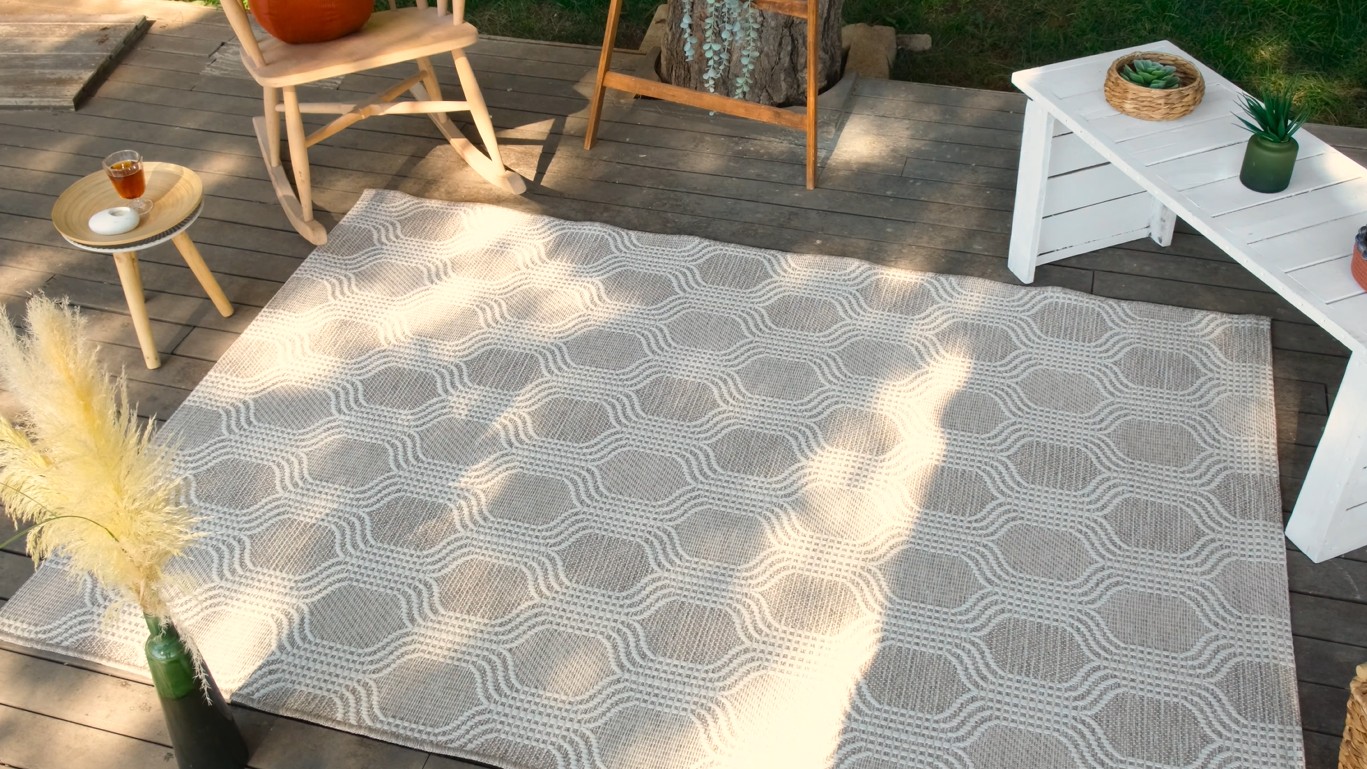 thumbnail video image 2 of Luxe Weavers Outdoor Geometric Trellis Taupe 4x5 Area Rug, Low Pile Carpet, 2 of 10