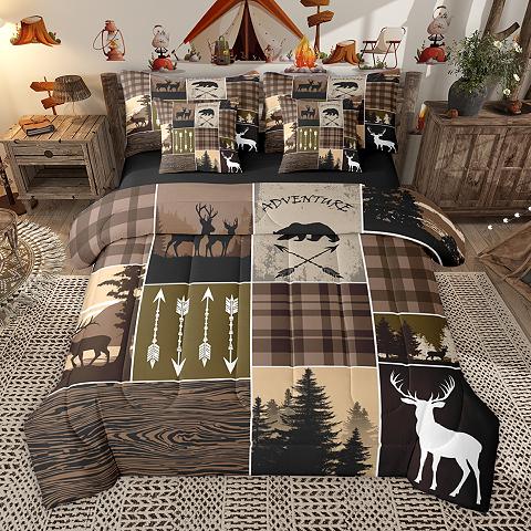 thumbnail video image 2 of Homewish Happy Camping 7 Pieces Bedding Comforter Set,Jungle Animal Moose Bear Full Bedding Set,Gray Green Black Fitted Sheet Flat Sheet For Boys Teens,Luxury Bedroom Decor Reversible, 2 of 9