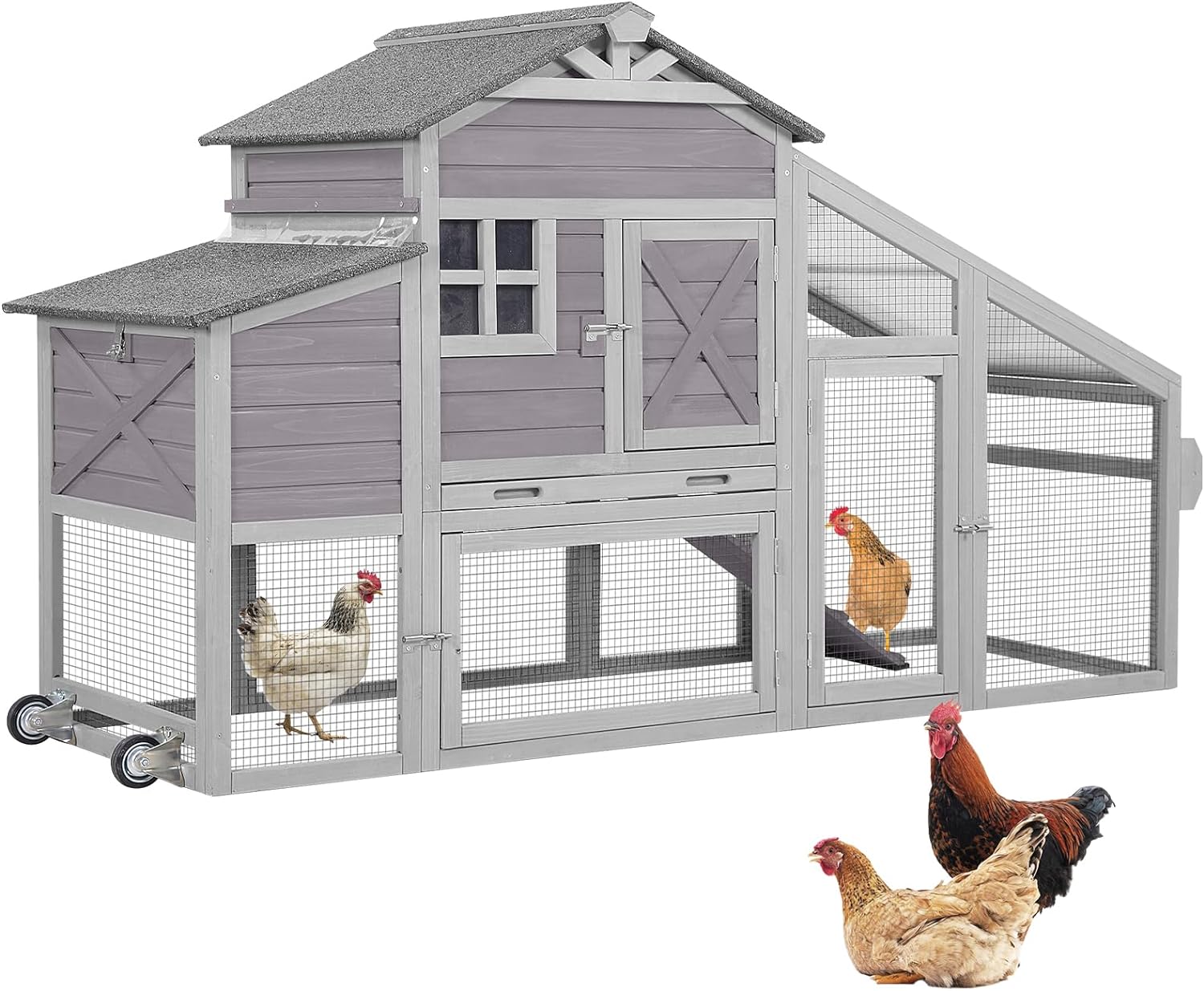 thumbnail video image 2 of Aivituvin Chicken Coop Mobile Chicken House on Wheels Expandable Wooden Poultry Cage with Large Nesting Box Leakproof Pull-Out Tray Rabbit Hutch Bunny Cage,UV-Resistant Roof，Grey, 2 of 12