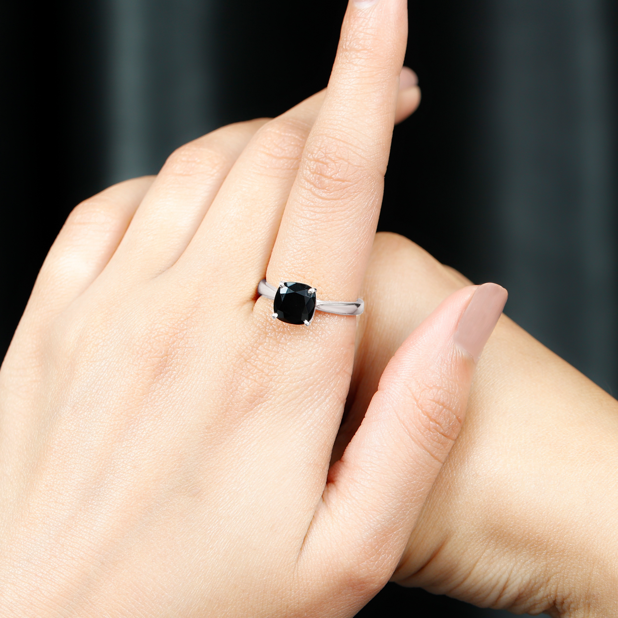 thumbnail video image 2 of Rosec Jewels Cushion Cut Black Spinel Solitaire Ring with Surprise Diamond - 8 mm - 2.25 CT, 925 Sterling Silver, US 4.00, 2 of 9