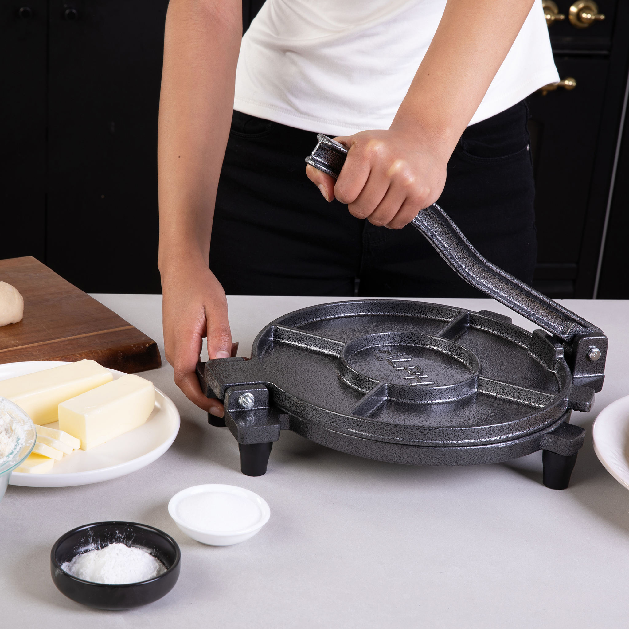 thumbnail video image 3 of ALPHA LIVING Tortilla Press – 10 Inch Cast Iron Quesadilla Maker – Heavy Duty Empanada Maker Press – Cast Iron Tortilla Maker for Kitchen, Home, 3 of 9