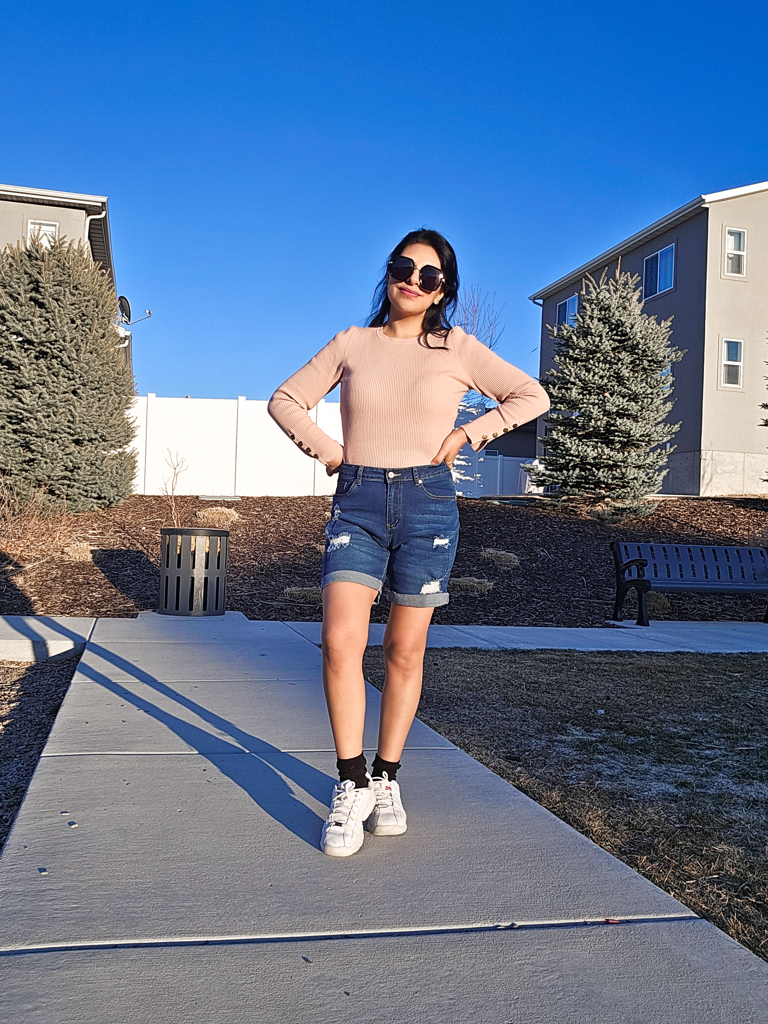 thumbnail video image 2 of Necooer Womens Plus Size Blue Denim Shorts Summer High Waist Folded Hem Stretchy Distressed Denim Shorts, 2 of 8