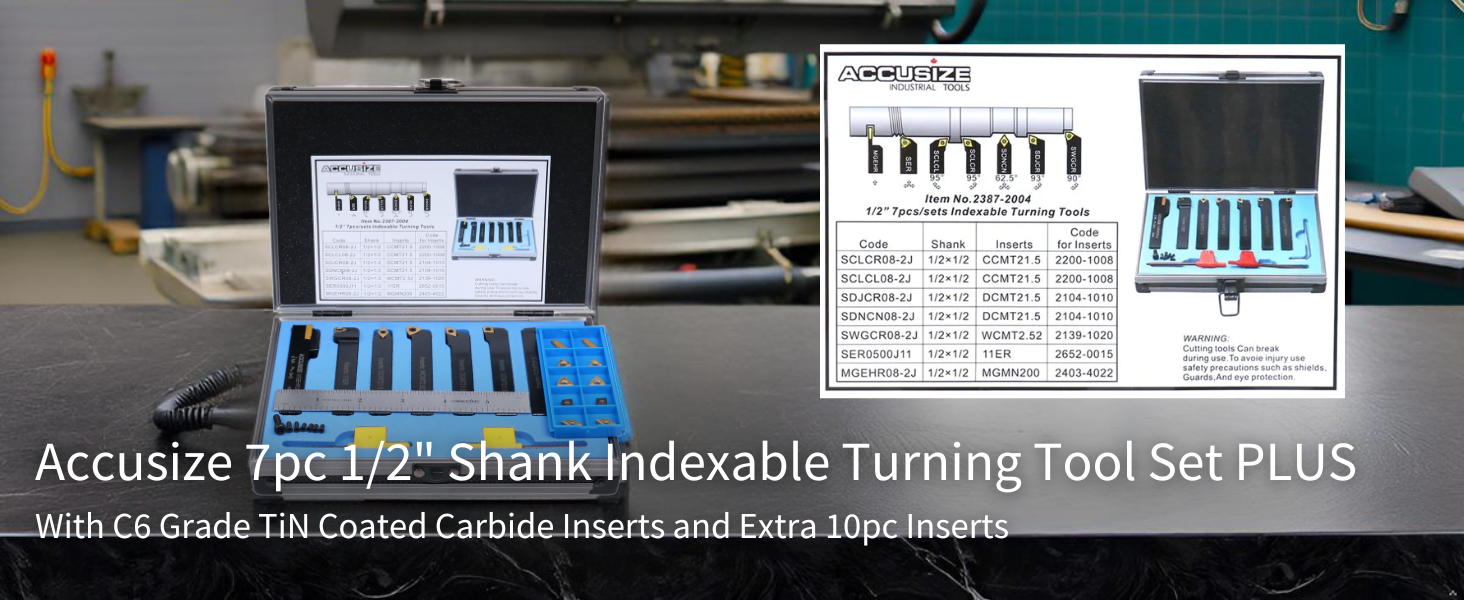 thumbnail video image 2 of Accusize Industrial Tools 1/2'' Shank 7 Pc Indexable Carbide Turning Tool Set with 10 Extra Carbide Inserts in Fitted Box, 2387-2004PLUS, 2 of 11