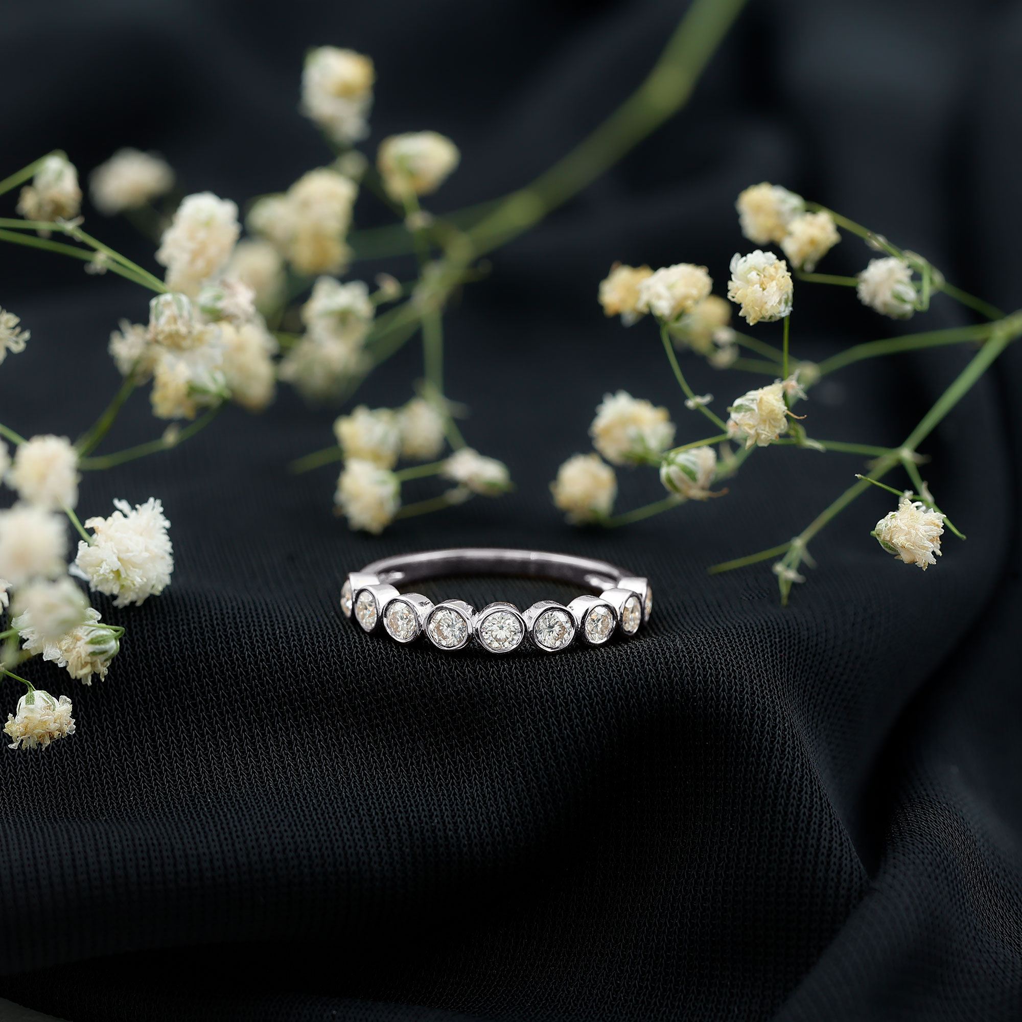 thumbnail video image 2 of Rosec Jewels Moissanite Half Eternity Ring for Women - Bezel Set Ring - D-VS1 Grade, 18K Yellow Gold, US 11.00, 2 of 8