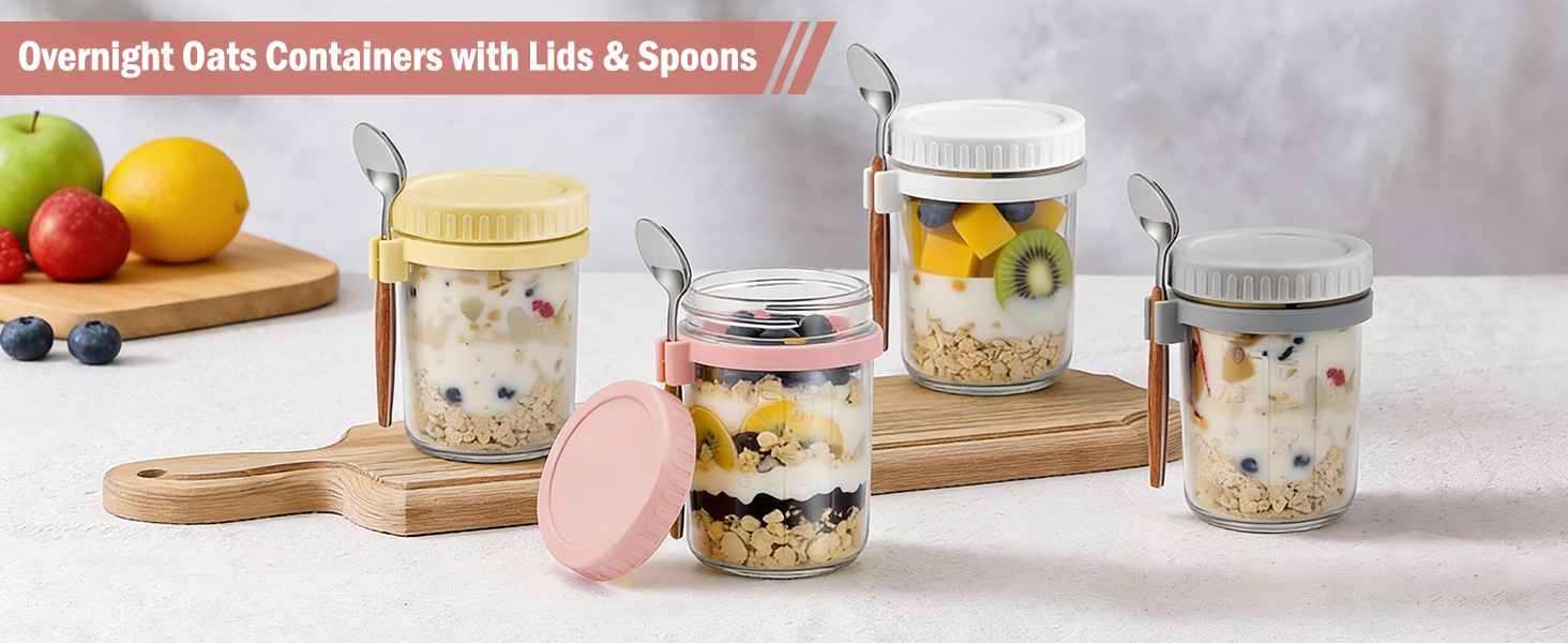 thumbnail video image 2 of 4 Pack 12oz Overnight Oats Containers with Lids and Spoons, Glass Oatmeal Containers, Mason Jars with Airtight Lids, Meal Prep Food Storage Container for Yogurt, Oatmeal, 2 of 9
