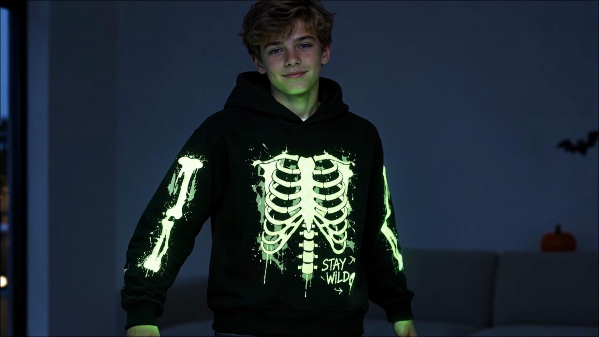 thumbnail video image 2 of HILEELANG Boys Halloween Hoodie Glow in the Dark Skeleton Sweatshirt Black 12Y, 2 of 15