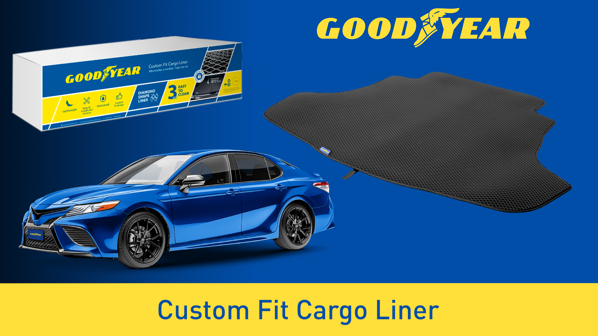 thumbnail video image 2 of Goodyear Custom Fit Cargo Mat Liner for Toyota Camry 2015-2017 - Heavy Duty Trunk Liner Dimond Shape Luggage with Waterproof Liquid  Dirt Trapping Technology - Anti-Slip Cargo Liner - GY004538, 2 of 6