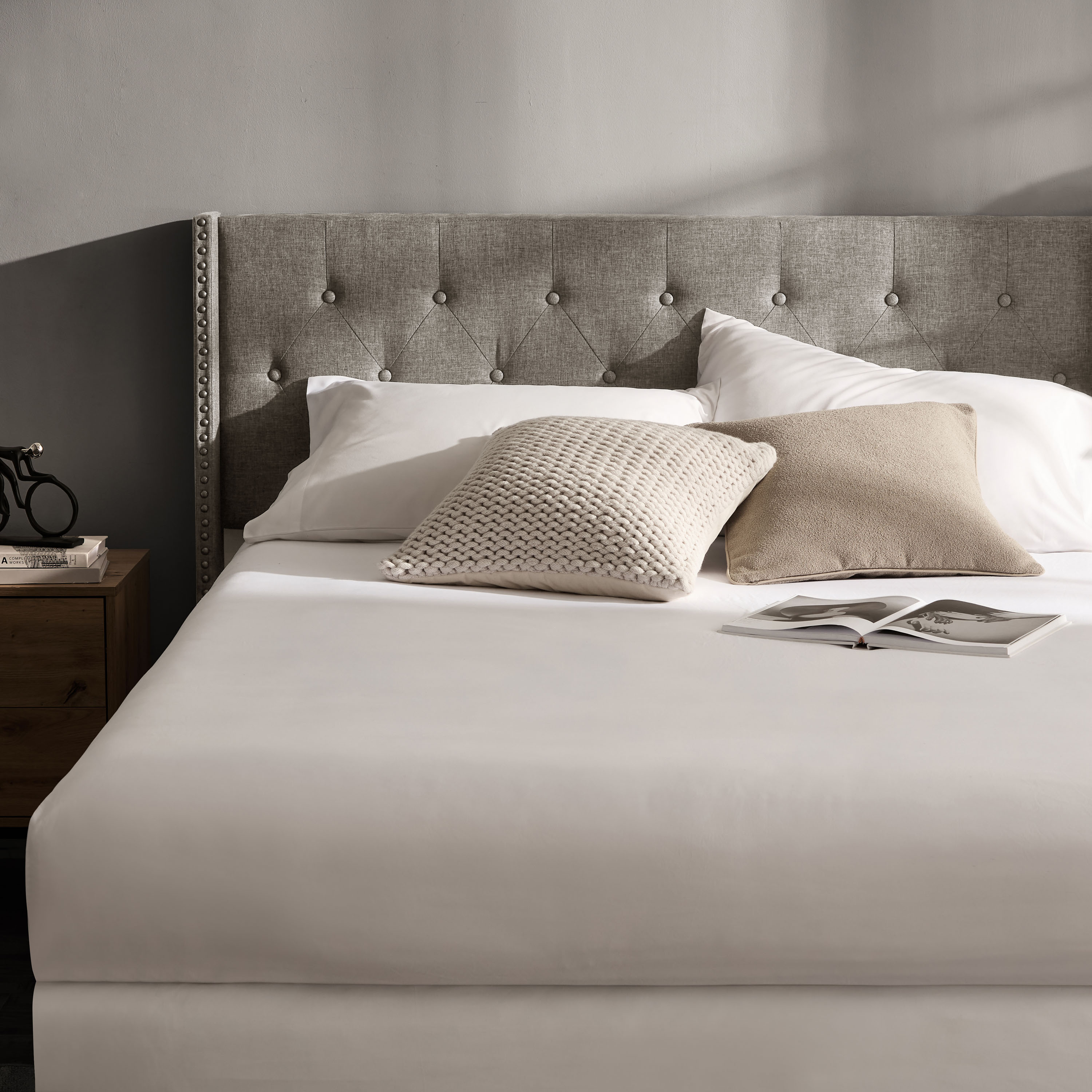 thumbnail video image 2 of Lammaloe Full Size Platform Bed Frame with Wingback Diamond Upholstered Headboard, Grey, Full, 2 of 9