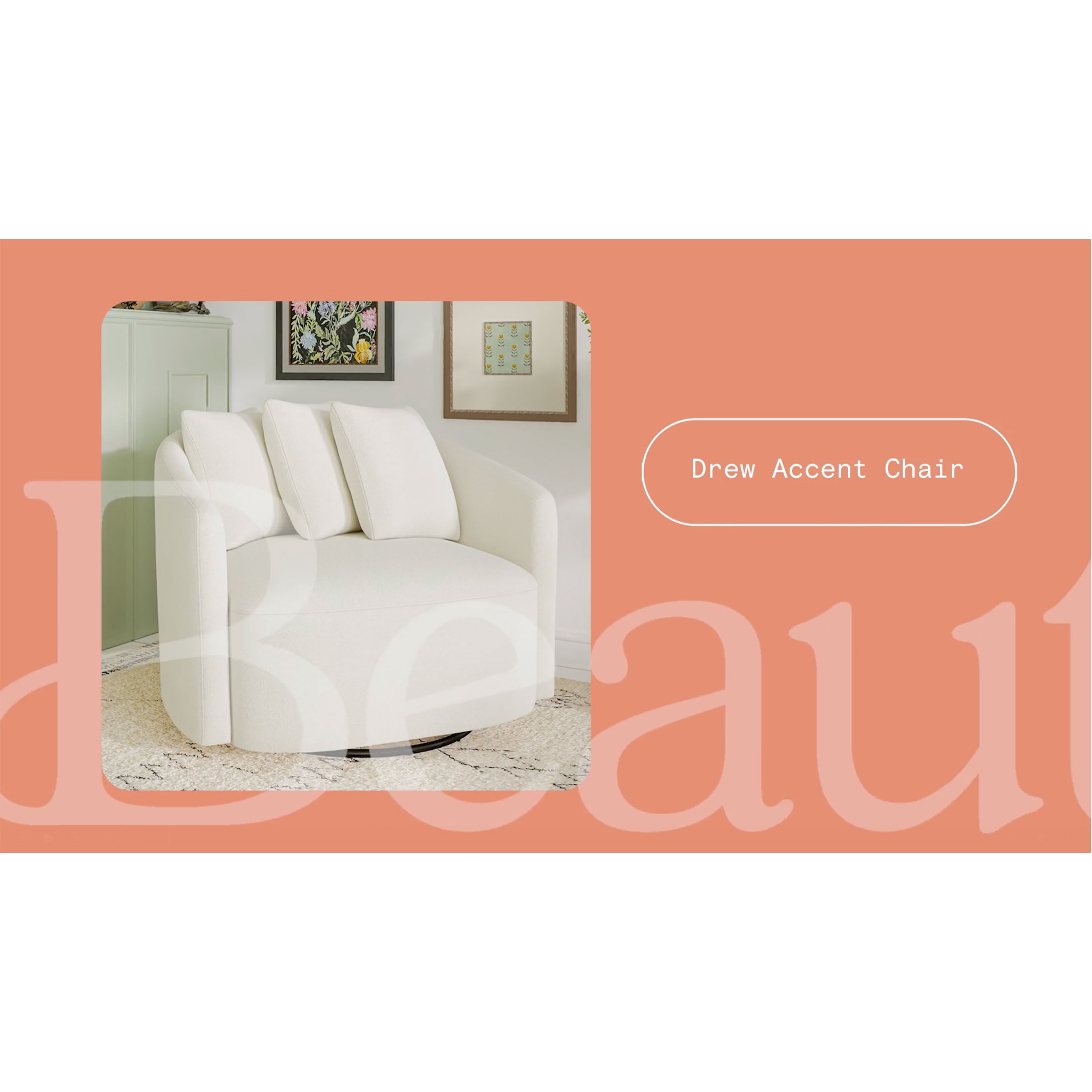 thumbnail video image 2 of Beautiful Drew Accent Chair by Drew Barrymore, Cream Boucle, 2 of 13