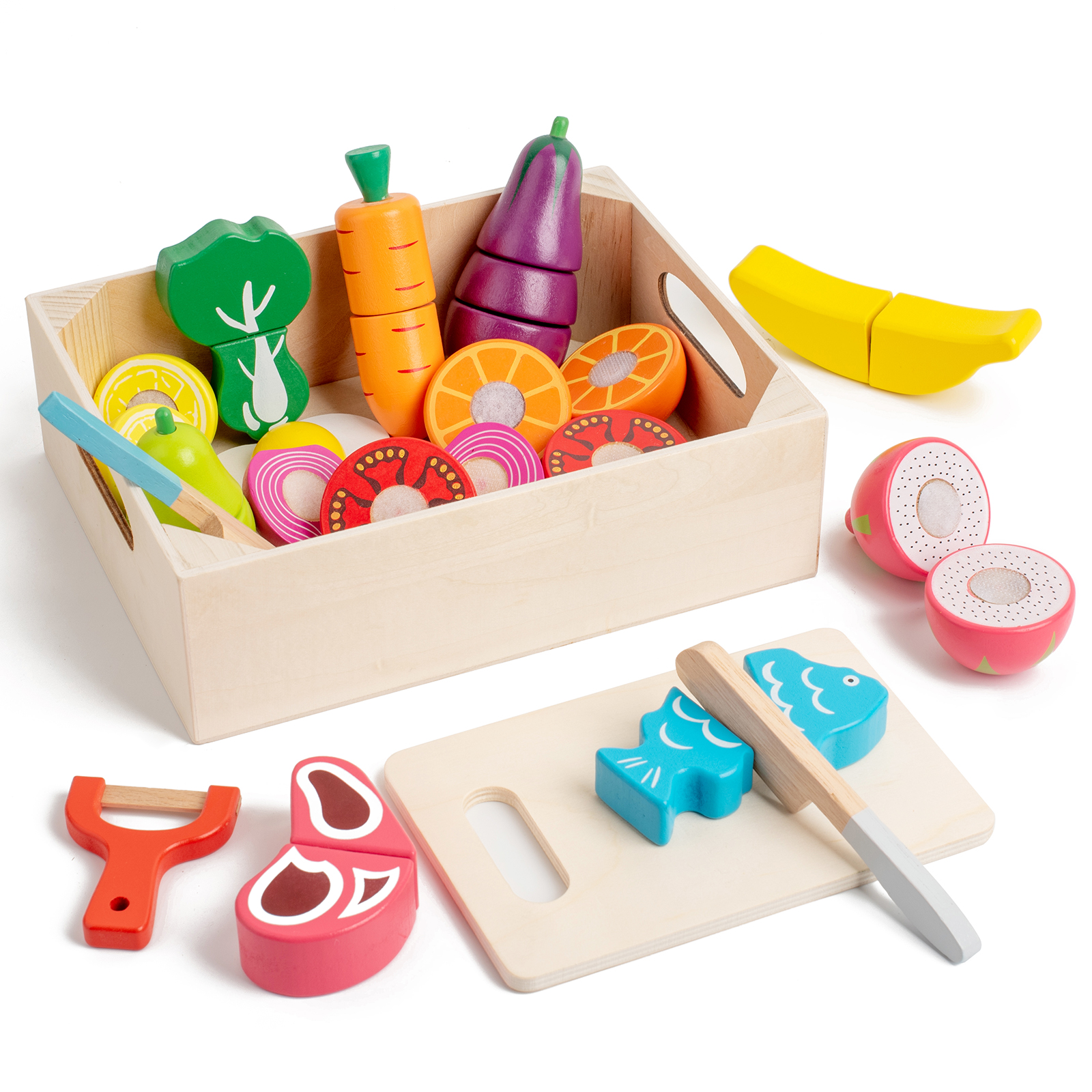 thumbnail video image 2 of 32 Pcs Wooden Play Food Sets for Kids Kitchen Accessories, Early Education Montessori Baby Toys ,Vegetables Role Pretend Play for Toddlers Ages 3+, 2 of 8