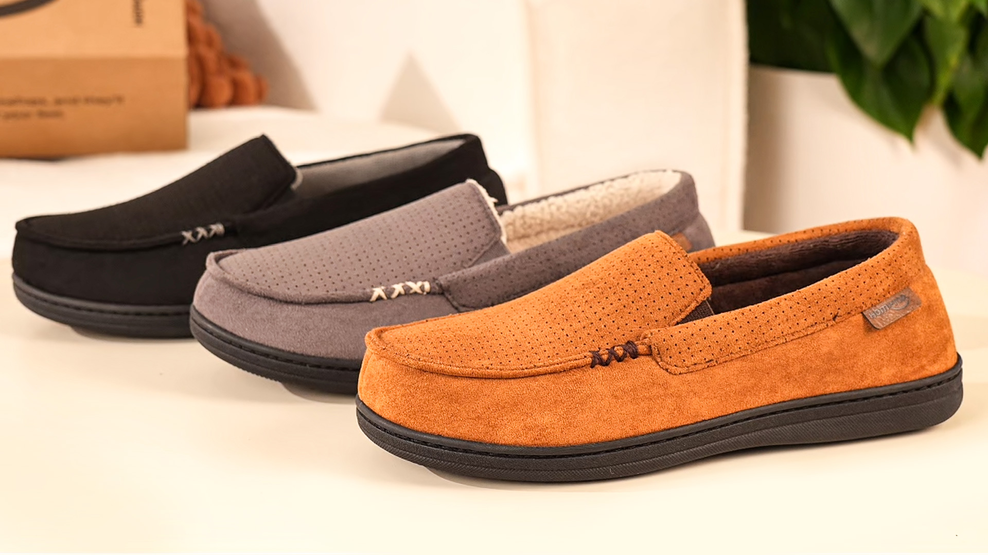 thumbnail video image 2 of HomeTop Men's Classic Moccasin Slippers, All Season & Winter Warm Coral Fleece Lined Memory Foam Indoor Outdoor House Shoes, 2 of 10