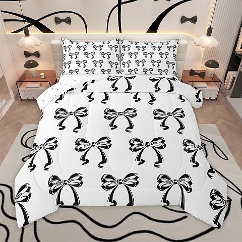 thumbnail video image 2 of Homewish Checkered Bowknot Ribbon Queen Comforter Set,Cute Bowtie Bow Bedding Sets,White Pink Bedding Comforter Set For Kids,Breathable Home Decor Reversible,3pcs, 2 of 9