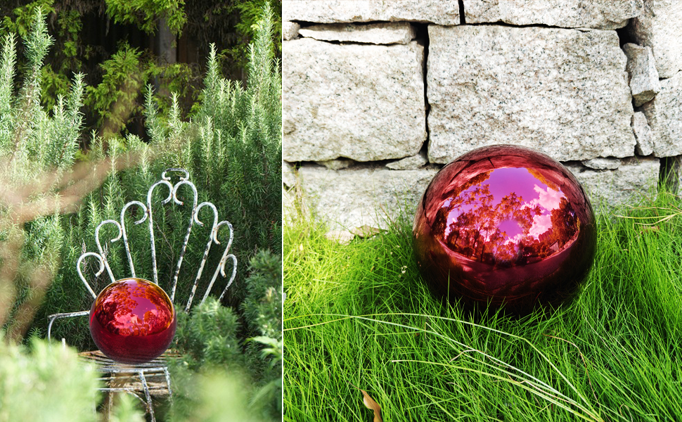 thumbnail video image 2 of 10-Inch Royal Red Stainless Steel Gazing Ball – Vibrant Mirror Sphere for Home, Garden, Patio, Outdoor or Indoor Decor, 2 of 8