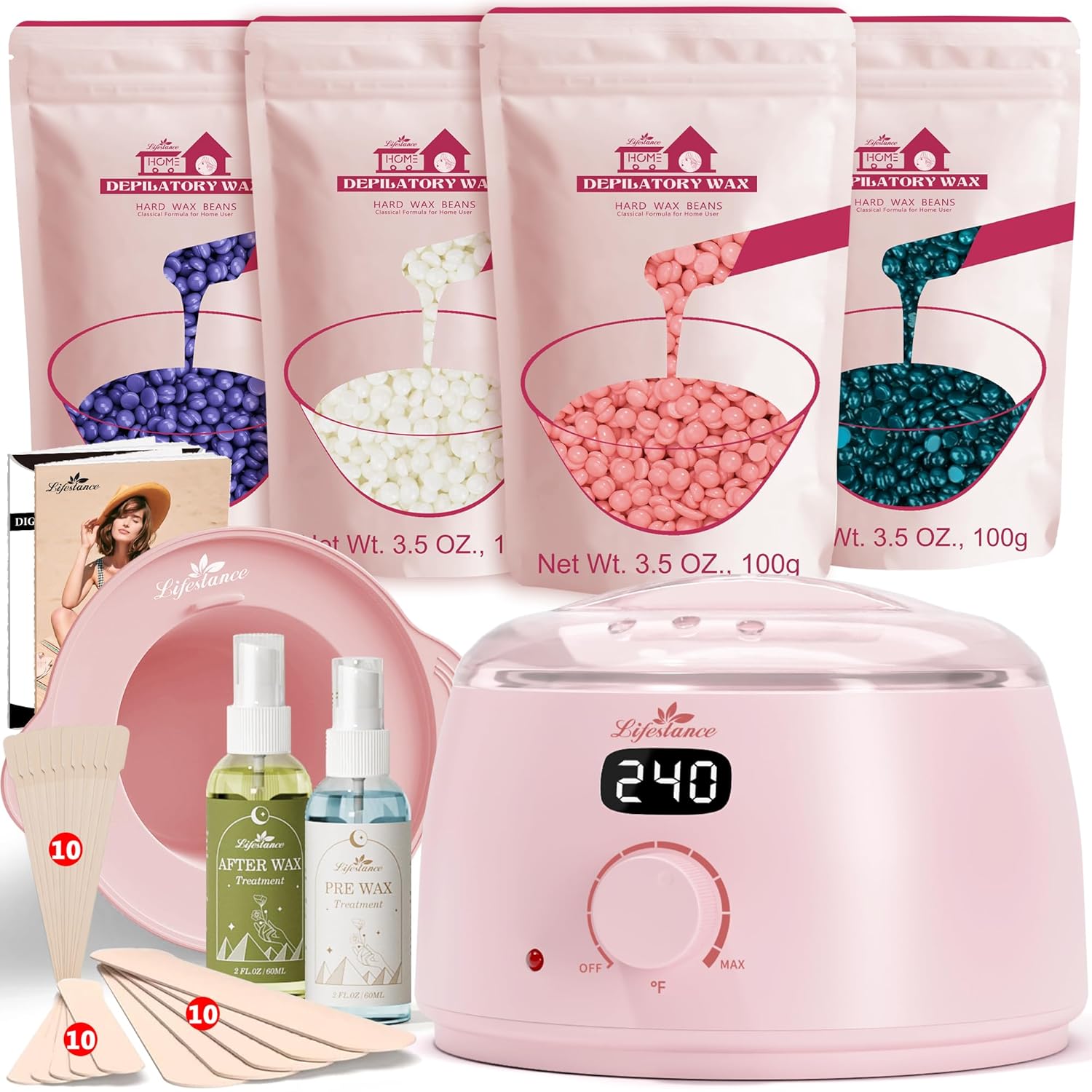 thumbnail video image 2 of Lifestance Hair Removal Waxing Kit for Women & Men, Pink Digital Wax Warmer with Silicone Liner, 14.1oz Hard Wax Beads, Oil Spray, Full Body Use, 2 of 8