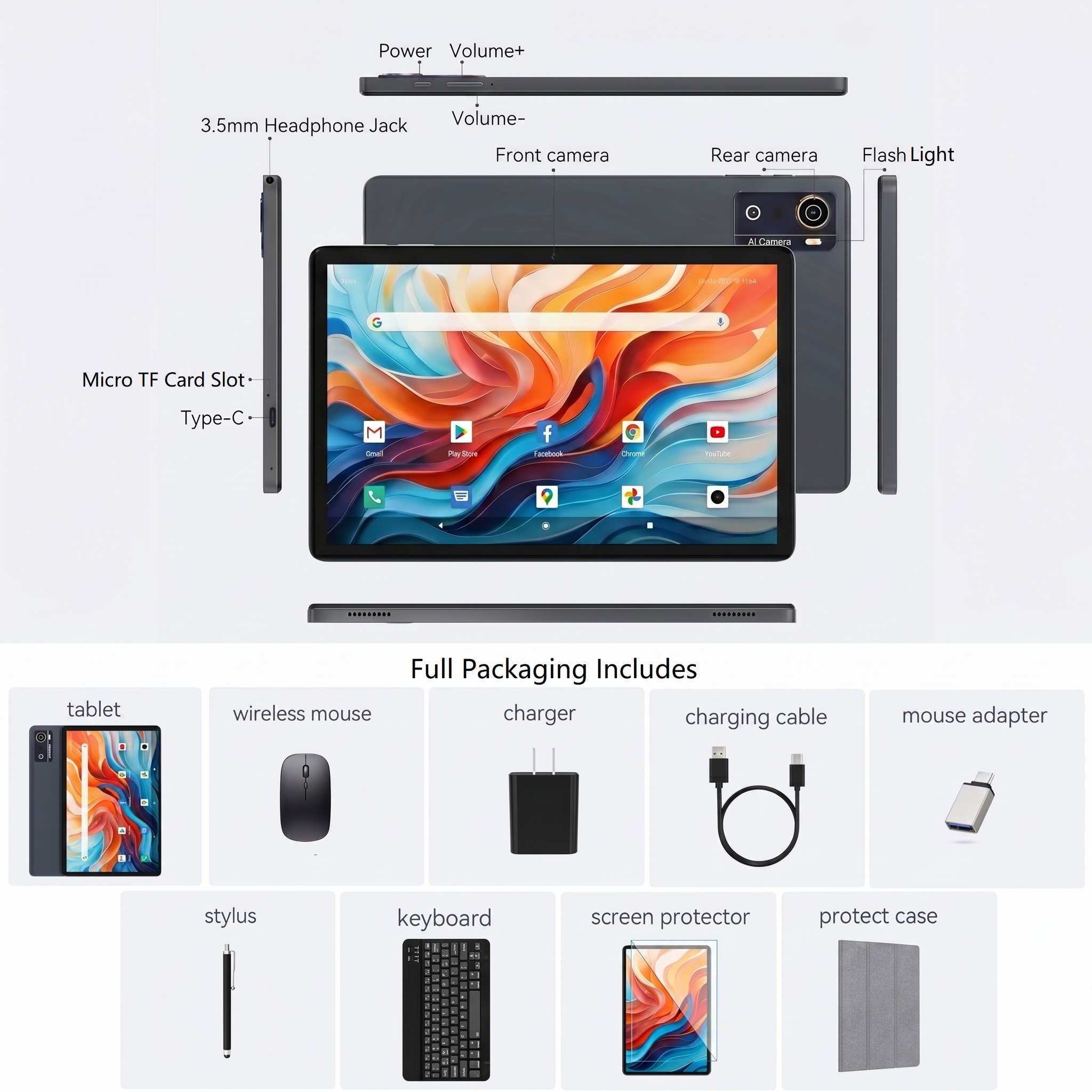 thumbnail video image 2 of 10 inch Android 16 Tablet,12GB RAM 64GB ROM (TF 1TB),MTK6769 Octa-Core,5G WiFi Tablets,BT5.0, GPS Tableta,Face Unclock,21MP Camera,Google Certified,Online Learning Tablets with Keyboard Mouse Stylus, 2 of 13