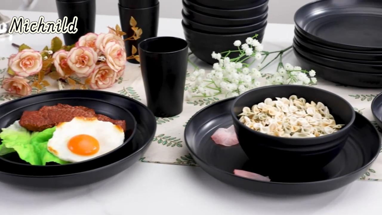 thumbnail video image 2 of Michnild Dinnerware Sets Minimalist Wheat Straw Unbreakable Dishwasher Safe 32PCS Service for 8,Black, 2 of 9