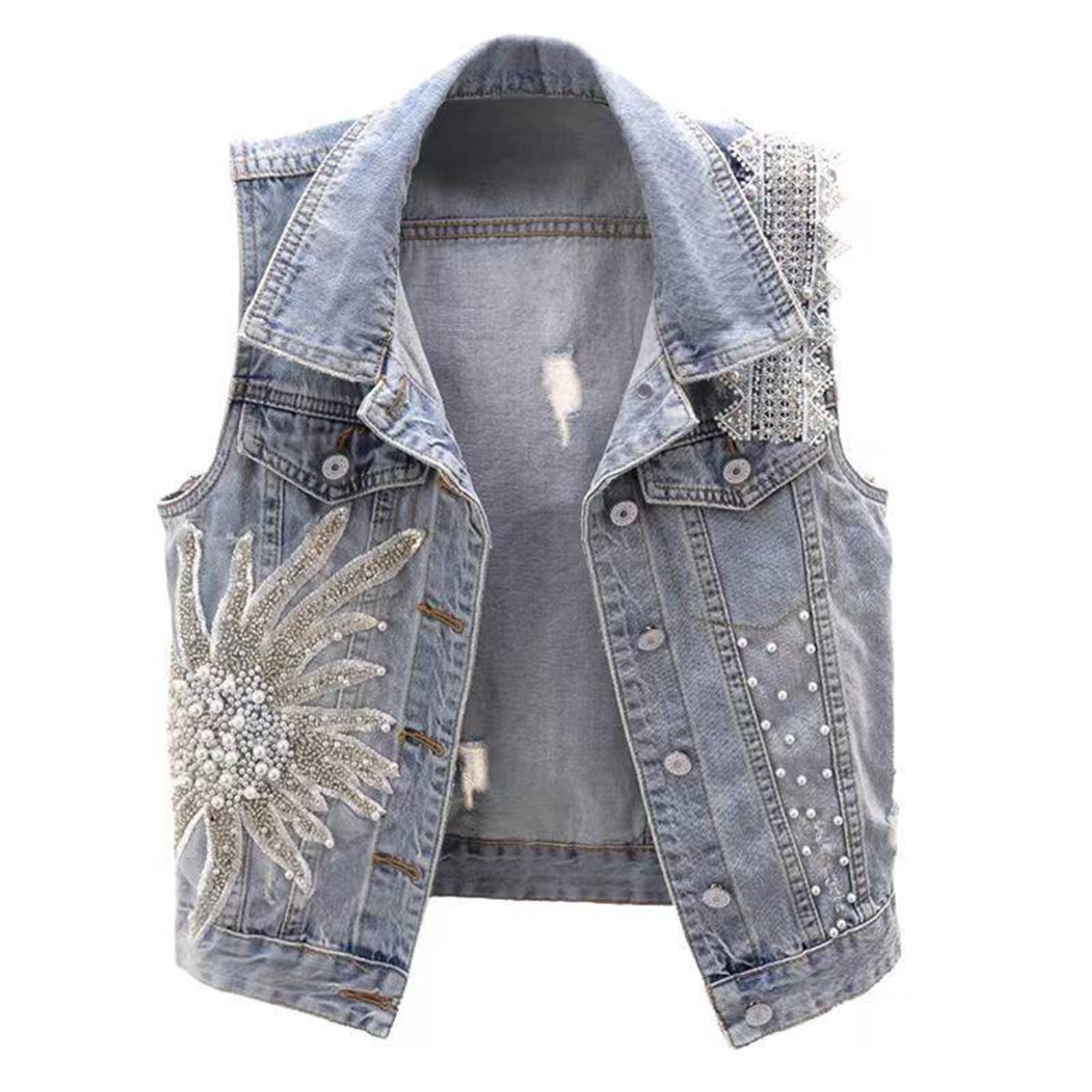thumbnail video image 2 of Uooqdmx Jean Jacket Women Womens Vests Outerwear Autumn Lace Nail Bead Short Sleeveless Top Vest Denim Vest for Women Blue L, 2 of 10