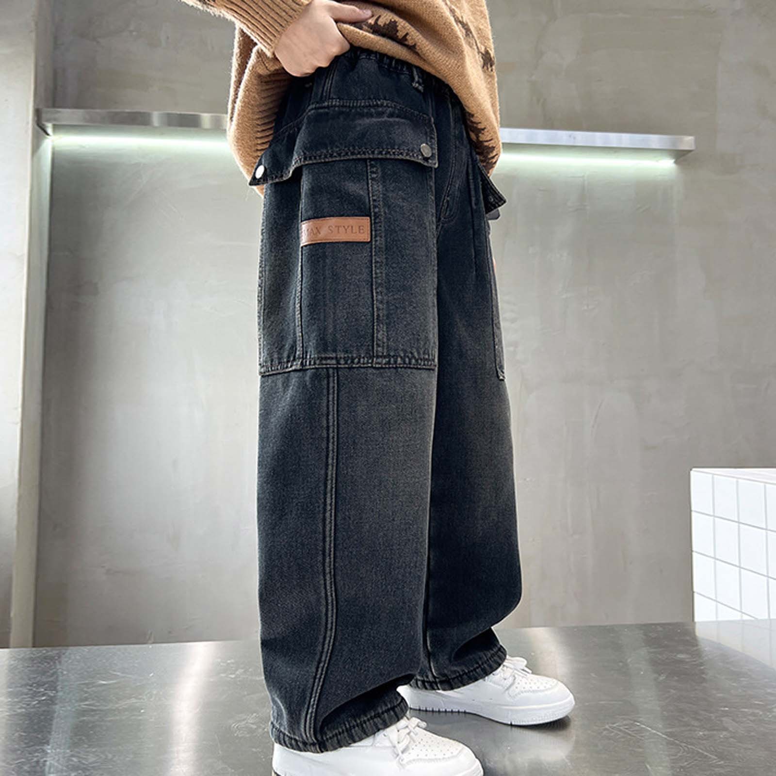 thumbnail video image 2 of WMQPNNS Boys Jeans Kids Fashion Boys Cargo Pants Size 18 Baggy Elastic Waist Straight Leg Skater Denim Pants Casual Loose Streetwear with Pockets(D-Blue, Size 9-10 Years), 2 of 9