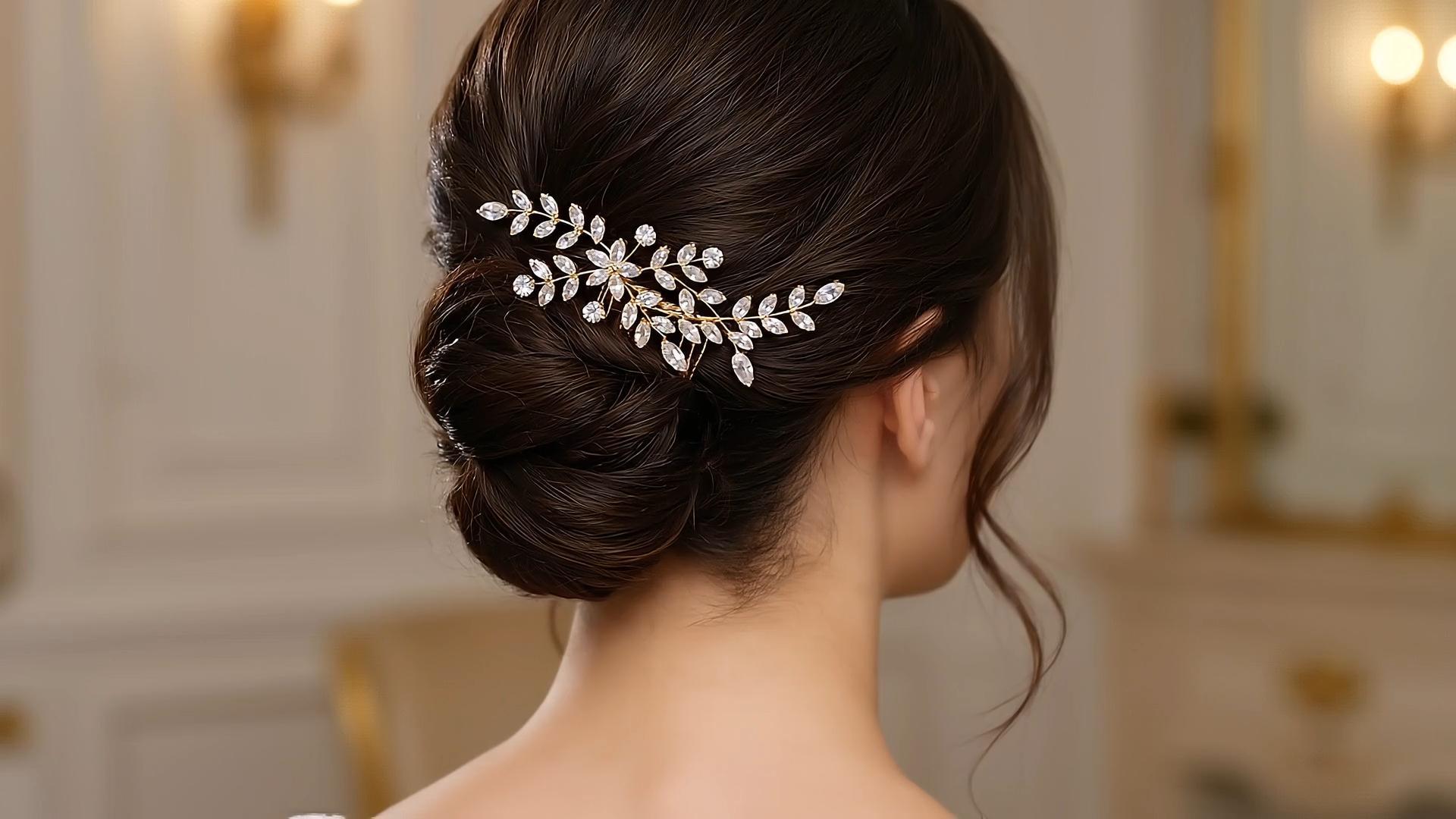 thumbnail video image 2 of Miallo Gold Wedding Hair Comb - Vintage Crystal Bridal Headpiece - Leaf Hair Accessories for Bride, 2 of 7
