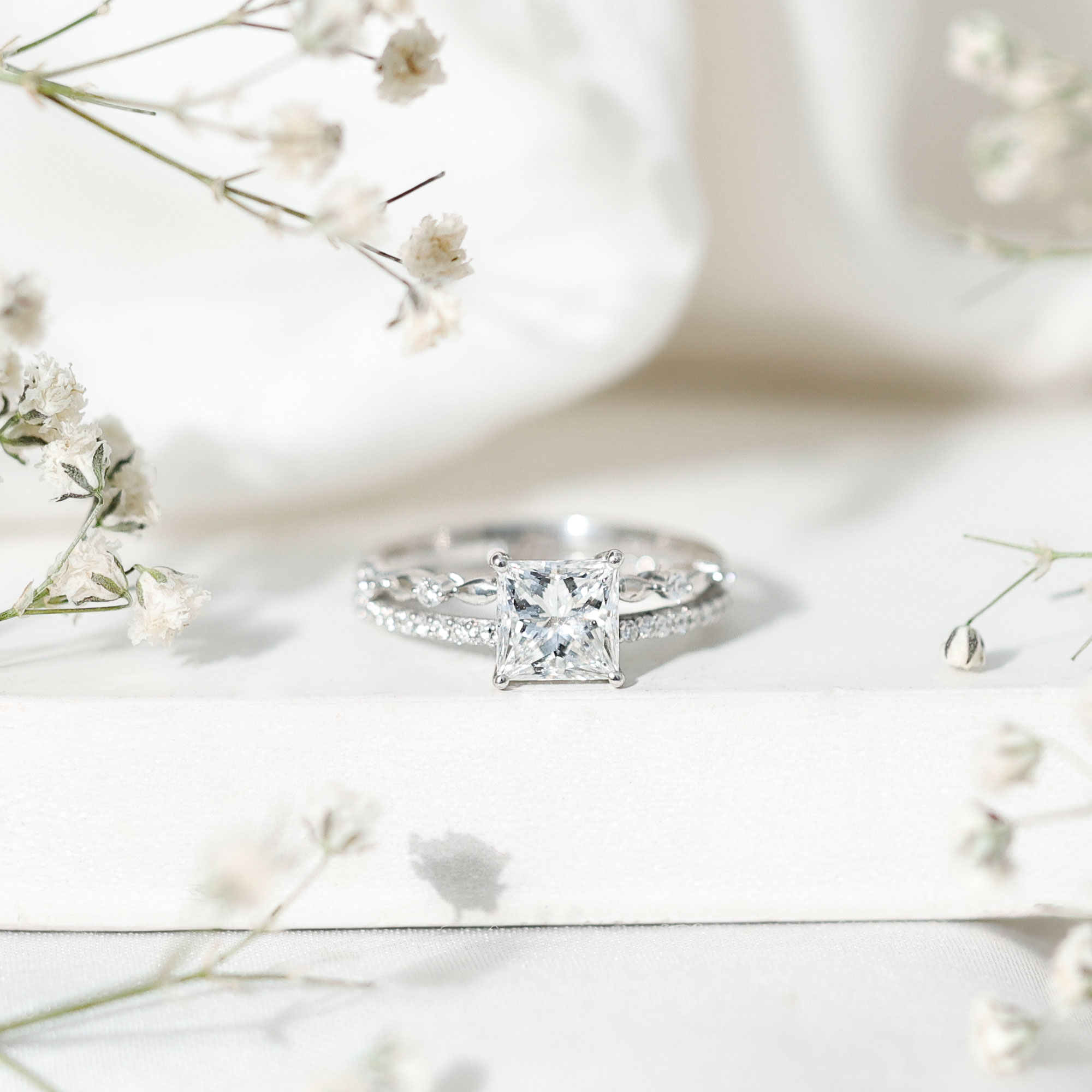 thumbnail video image 2 of Rosec Jewels Moissanite Princess Cut Engagement Ring 1 Carat - D-VS1 Quality Moissanite Double Band Ring for Women, 10K White Gold, US 3.00, 2 of 9