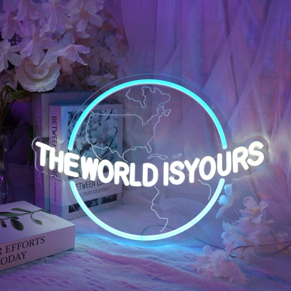 thumbnail video image 2 of iDecoMart World Neon Sign with Alphabet (16.6 in x 12.1 in), LED Neon Hanging Room Decor, 2 of 6
