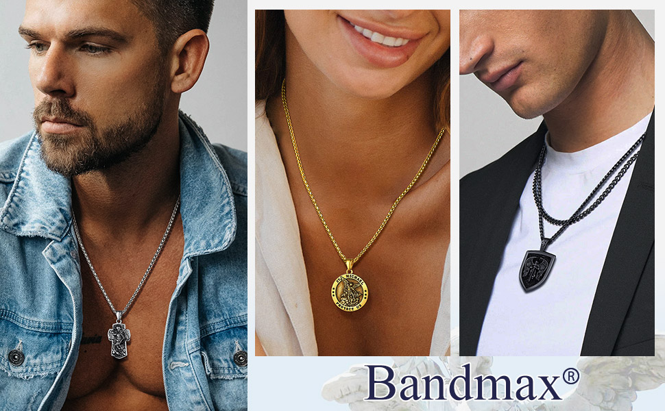 thumbnail video image 2 of Bandmax Stainless Steel The Archangel Saint Michael Medallion Pendant Necklace for Men Women Round Charm Necklace for Christian Prayer Father Day, 2 of 8