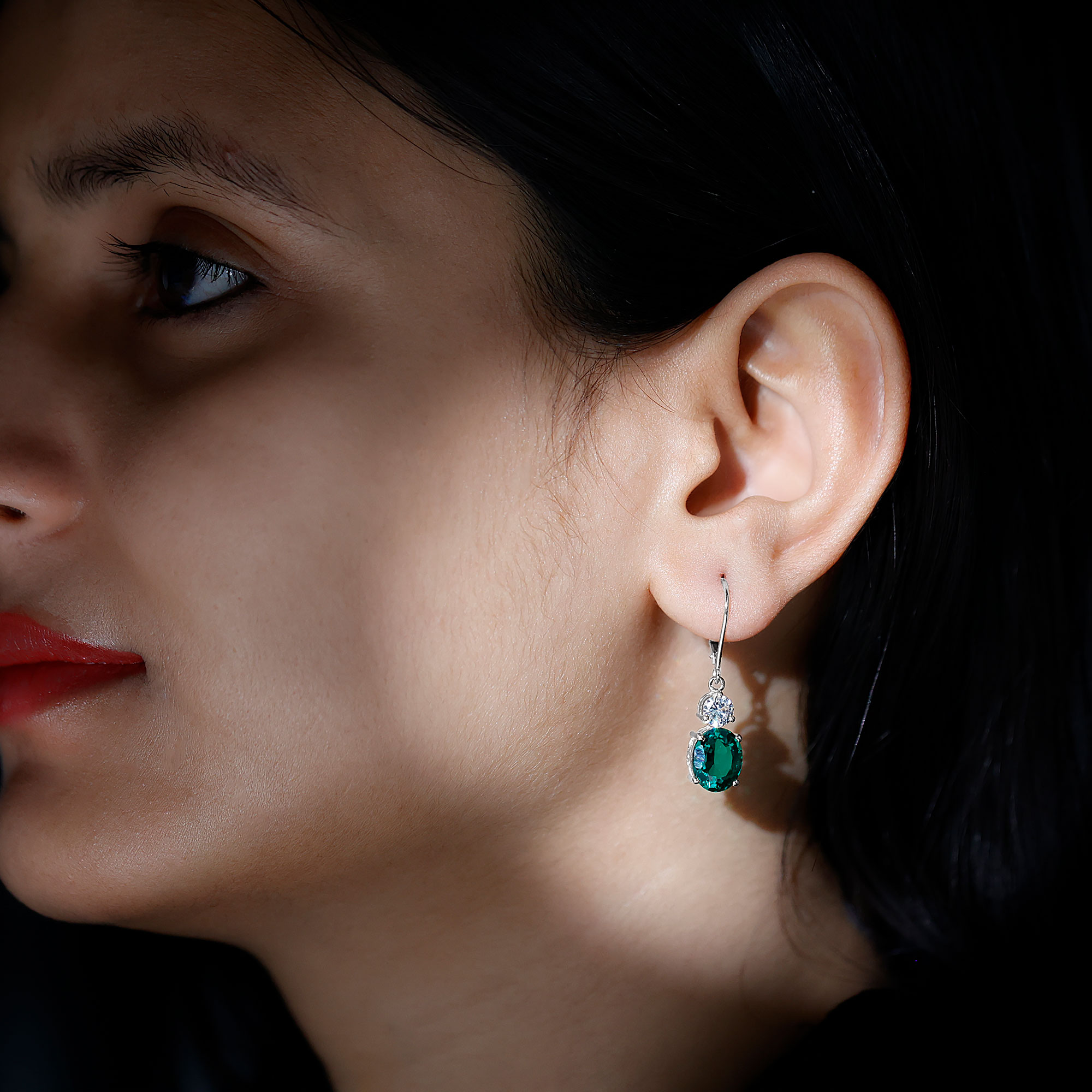 thumbnail video image 2 of Womens Emerald Drop Earrings with Moissanite - 8X10 mm Oval Shape Lab Grown Emerald, 18K Yellow Gold, 2 of 7