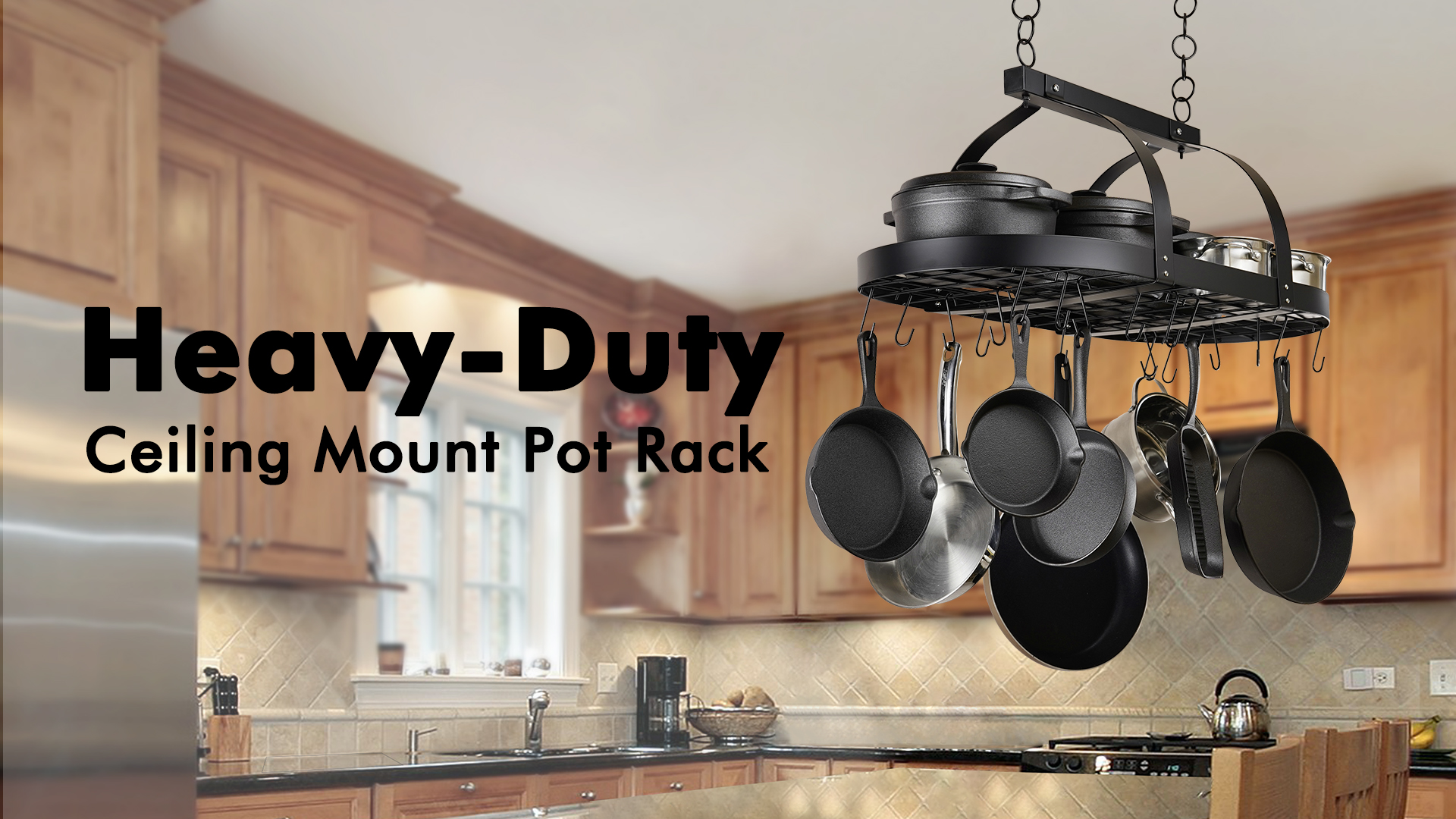 thumbnail video image 2 of KES Black Ceiling Pot Rack 34 inch Hanging Pot Rack for Kitchen Oval Pot and Pan Rack Pot Hanger with 20 S Hooks (For 16" and 24" Stud Mount), 2 of 12