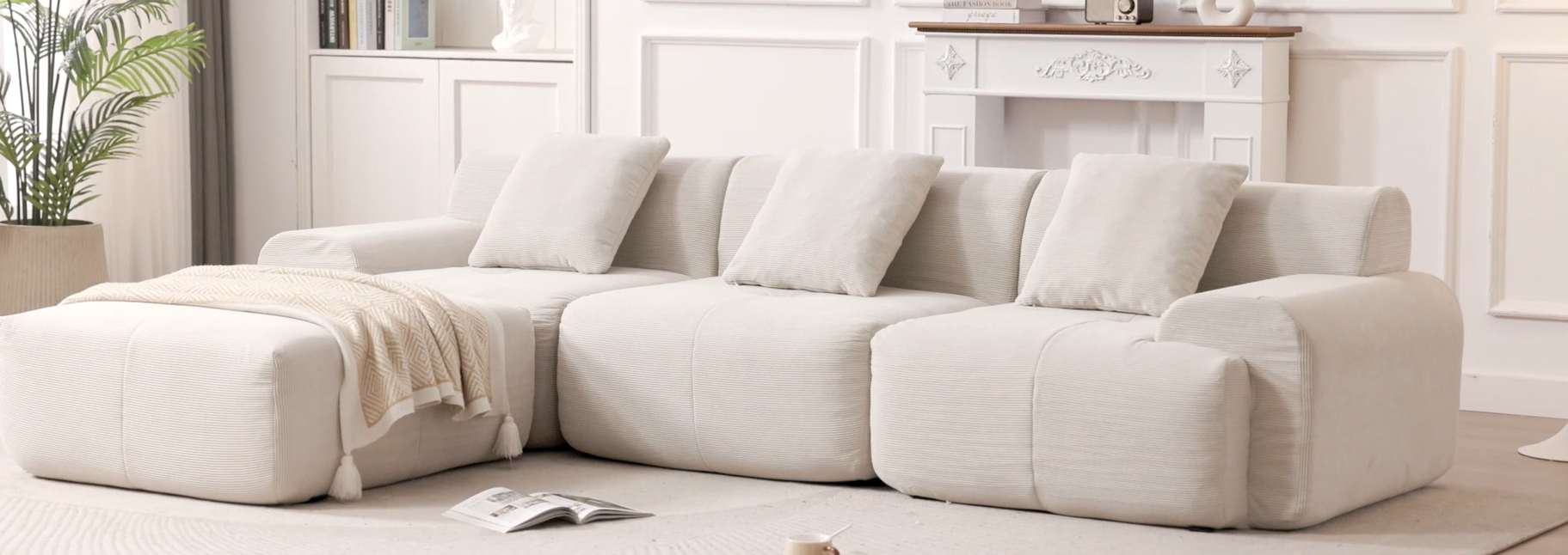 thumbnail video image 2 of 113" Modular Sectional Sofa for Living Room, High-Density Foam, Stain-Proof Corduroy, No Assembly Rquired, Black, 2 of 10
