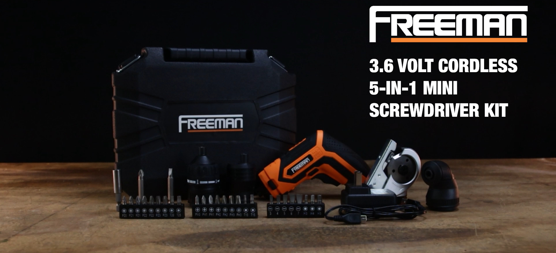 thumbnail video image 2 of Freeman P36VCMSK 3.6 Volt Cordless 5-in-1 Mini Screwdriver Kit with Charger, Interchangeable Attachments, Hex Bits, and Case, 2 of 12