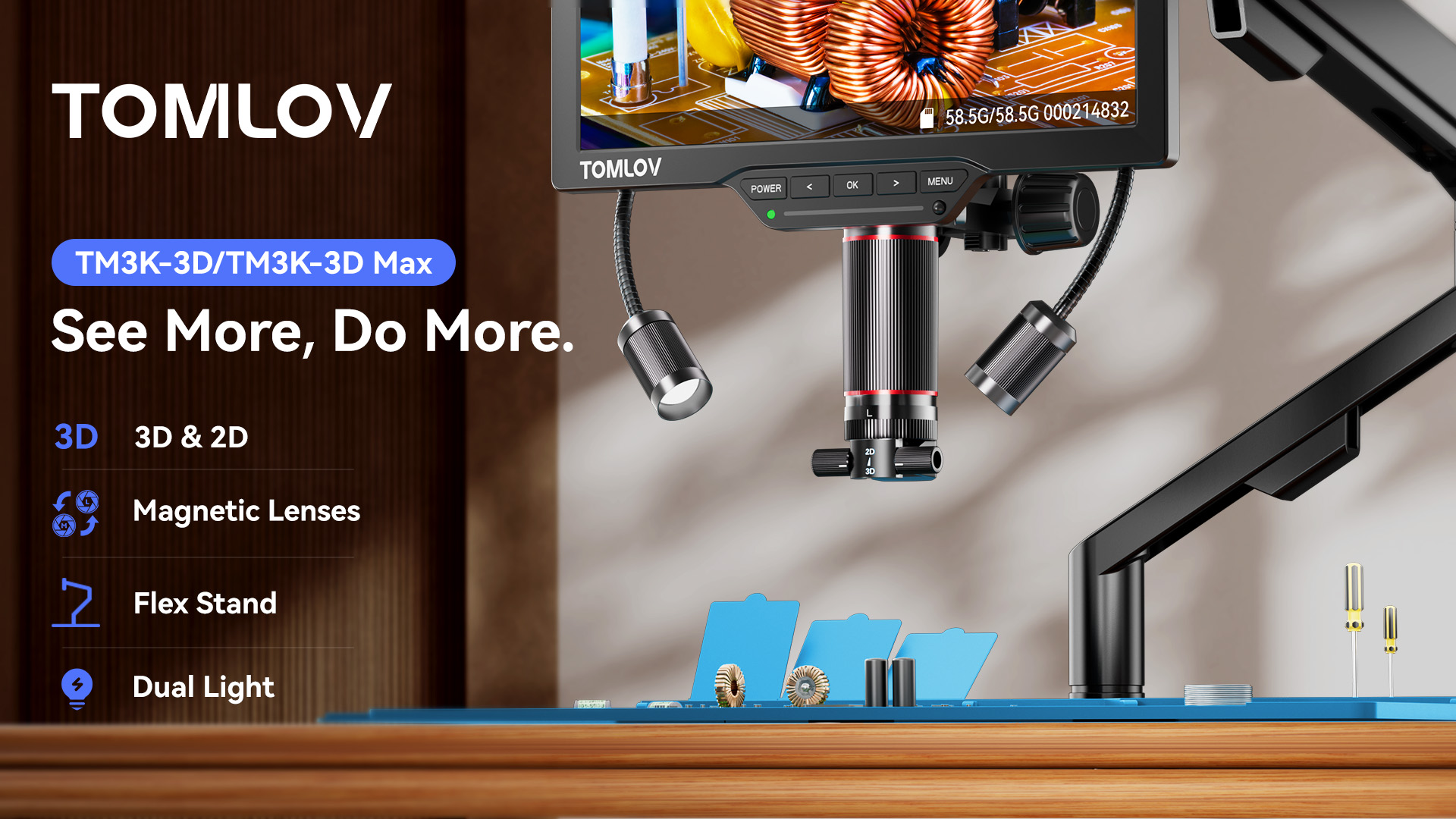thumbnail video image 2 of TOMLOV 3D Digital Soldering Microscope 2000X Magnetic Dual Lens Micro Scope TM3K-3D Max For Adult  Coin Microscope with Flex Arm, 3K 10.1-Inch IPS Screen, HDMI/USB Output, Gooseneck Light, Repair Mat, 2 of 13