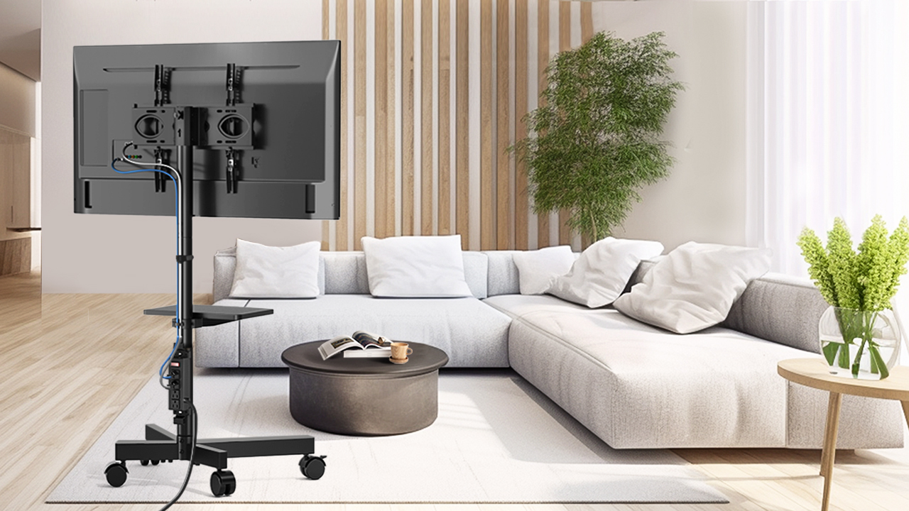 thumbnail video image 2 of RTVR Mobile Rolling TV Stand for 32 to 65 inch Flat Panel TVs with Power Outlet, Modern Black, 2 of 10