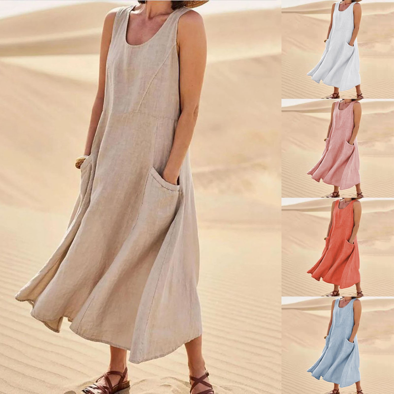 thumbnail video image 2 of WREESH Womens Maxi Dresses Summer Cotton Linen Long Dress Fashion Casual Solid Color Sleeveless Scoop Neck Dress with Pockets Sky Blue, 2 of 9