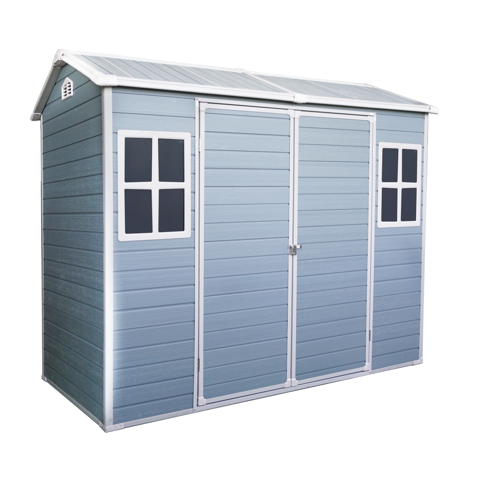 thumbnail video image 2 of 8x4ft Outdoor Storage Shed with Lockable Double Doors - Heavy Duty Resin Garden Shed with Floor, 2 Windows & Vents, Waterproof Tool Storage for Patio/Yard (Gray), 2 of 9
